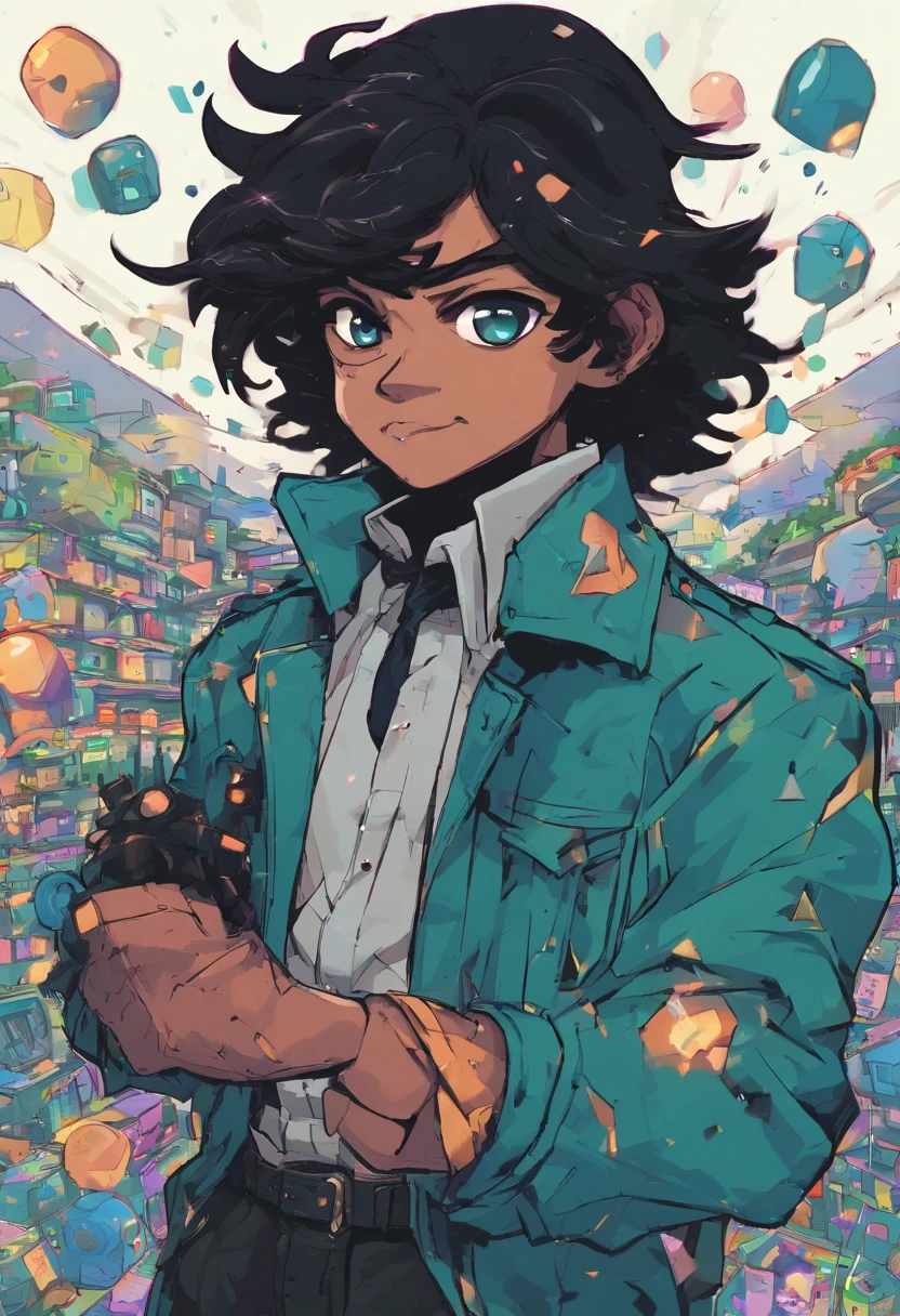 (best quality, masterpiece),(1boy, trench coat,expression face, teal eyes, looking at viewer, black hair, closed mouth, dress shirt, black jeans, looking at viewer), (less blue light, swrling many blue glass pieces behind, floating objects, night sky) dark skin male with frizzy hair