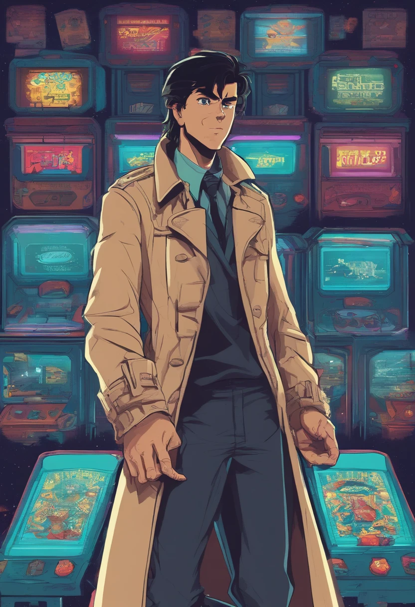 (best quality, masterpiece),(1boy, trench coat,expression face, teal eyes, looking at viewer, black hair, closed mouth, dress shirt, black jeans, looking at viewer), (less blue light, swrling many blue glass pieces behind, floating objects, night sky) dark skin male with frizzy hair