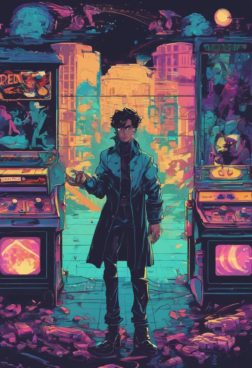 (best quality, masterpiece),(1boy, trench coat,expression face, teal eyes, looking at viewer, black hair, closed mouth, dress shirt, black jeans, looking at viewer), (less blue light, swrling many blue glass pieces behind, floating objects, night sky) dark skin male with frizzy hair