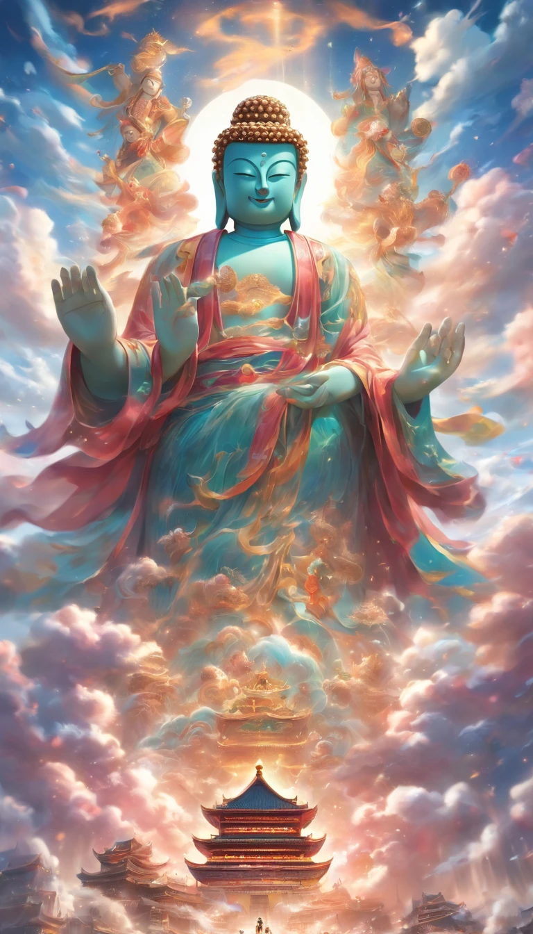 ((Masterpiece)),(Best quality)),China-style,In the sky, The clouds form a huge Maitreya Buddha statue,Pilgrims on the road,Hyper-realistic,Ultra photo realsisim,Real Photographics,8K,High definition,high qulity,Works of masters,super-fine,(((OC renderer)))