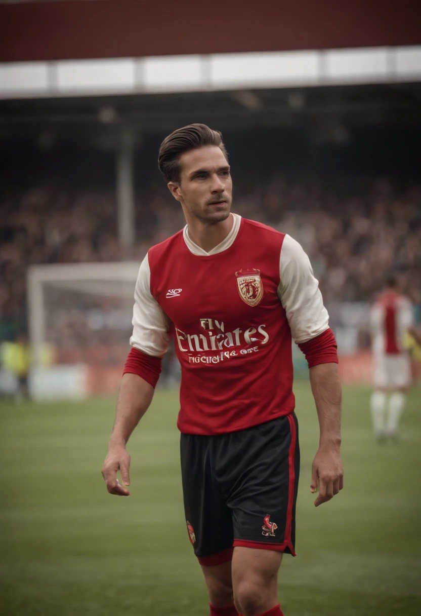 Un hombre victoriano guapo y viril, con ropa deportiva retro, En un estadio de futbol. Do not use the same template used in the images above