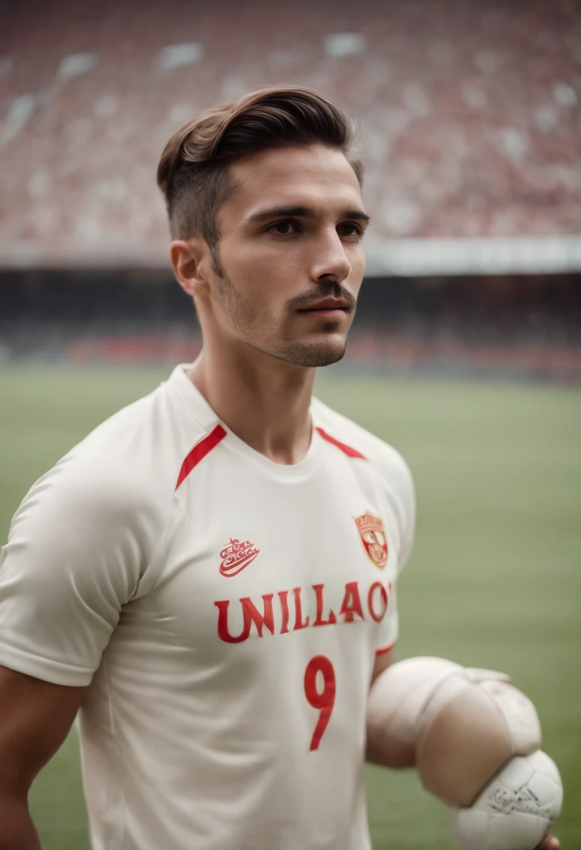Un hombre victoriano guapo y viril, con ropa deportiva retro, En un estadio de futbol. Do not use the same template used in the images above
