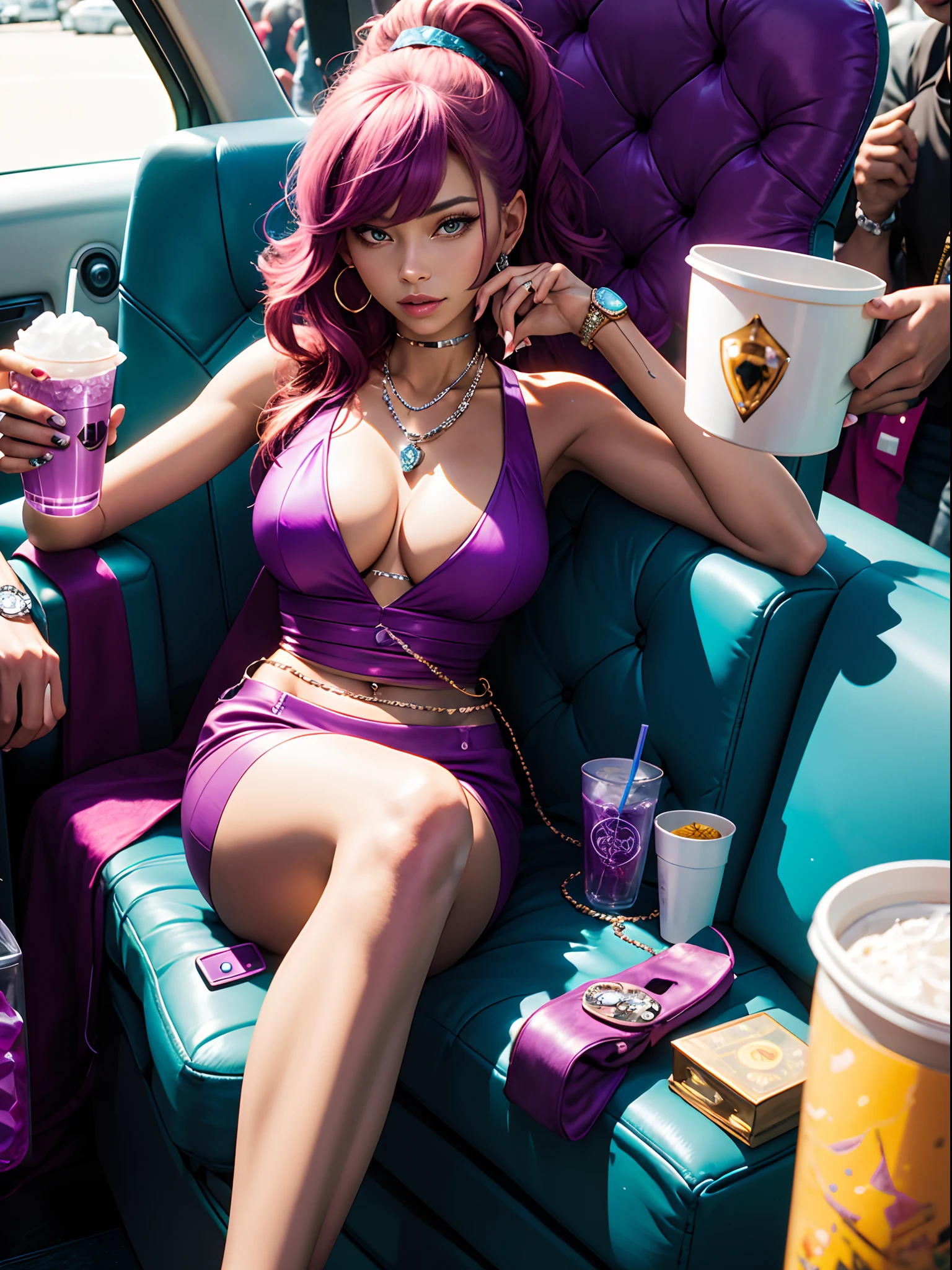 nicole Watterson wearing a diamond watch, a diamond chain, next to a cup of purple soda in an open Styrofoam cup, dressed as a rapper looking at the camera while shes sitting in a lamborghini