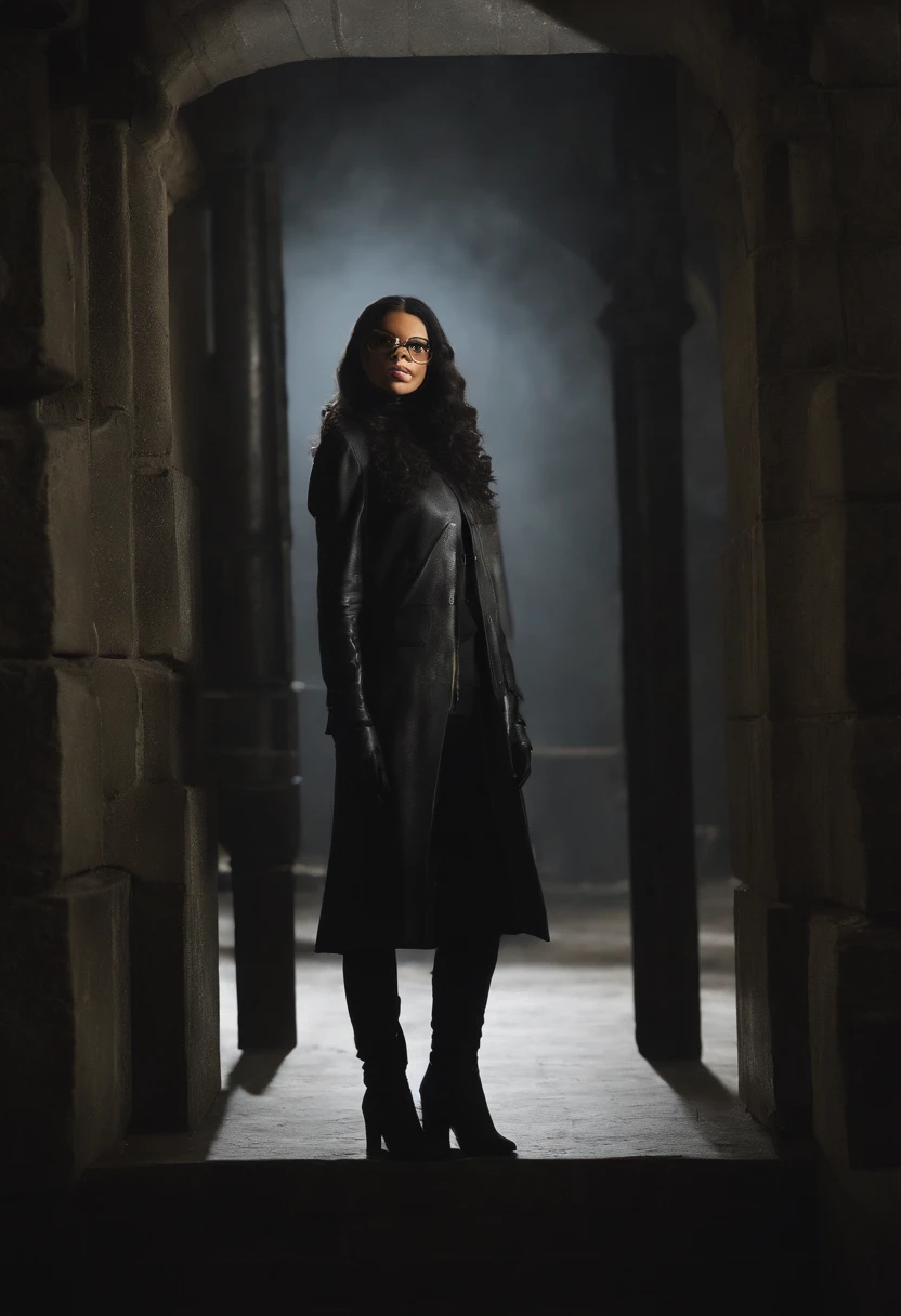 face focus shot, 1 girl solo, light skinned African American girl, long curly straight black hair, glasses, huge tits, big thick ass, photorealism, smirking face, crossed arms, (leaning onto a wall), dark dirty grey suit, dark grey arms, ((no mask)), mask off, black hair, black gloves, best quality, masterpiece, high resolution:1.2, black cape, high detailed mask, high detailed suit, high detailed face, award winning, night time, a dark cave in the background, indoors
