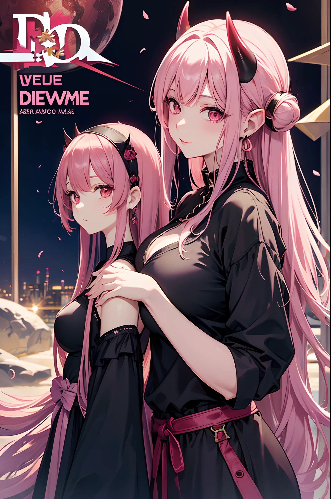 Cover magazine. anime, adult woman, middle aged woman, solo, long hair, pink hair, red eyes, demon horn, black horn, complex horn, demon woman, model, beautiful, fantasy, Casual clothes. Hair accessories. Unusual hairstyles. Earrings. Greeting. Sharp ears. Big breast. Upper body. Soft smile. Beautiful anime art. Mommy.