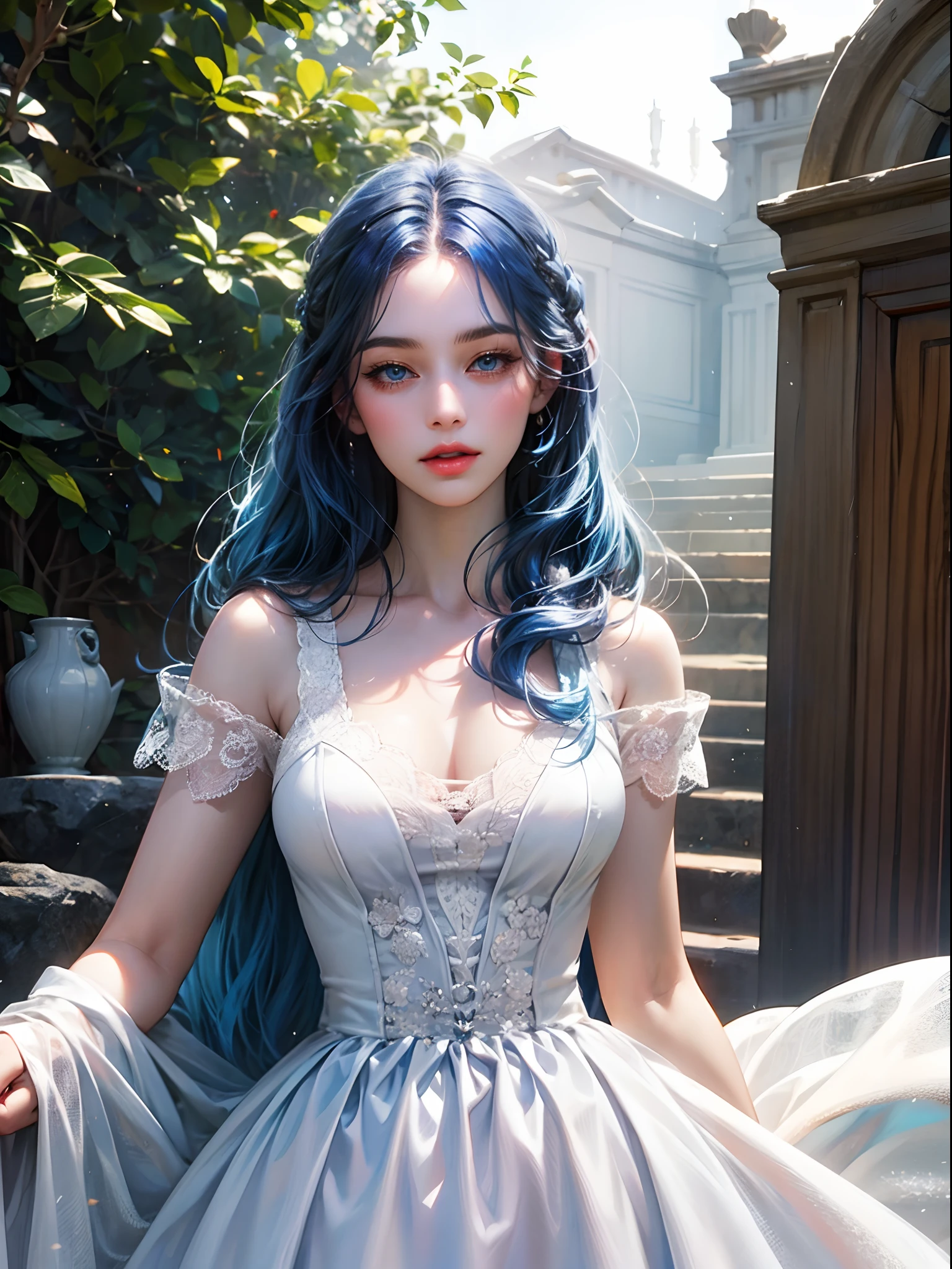 a women, blue hair, blue eyes, white dress