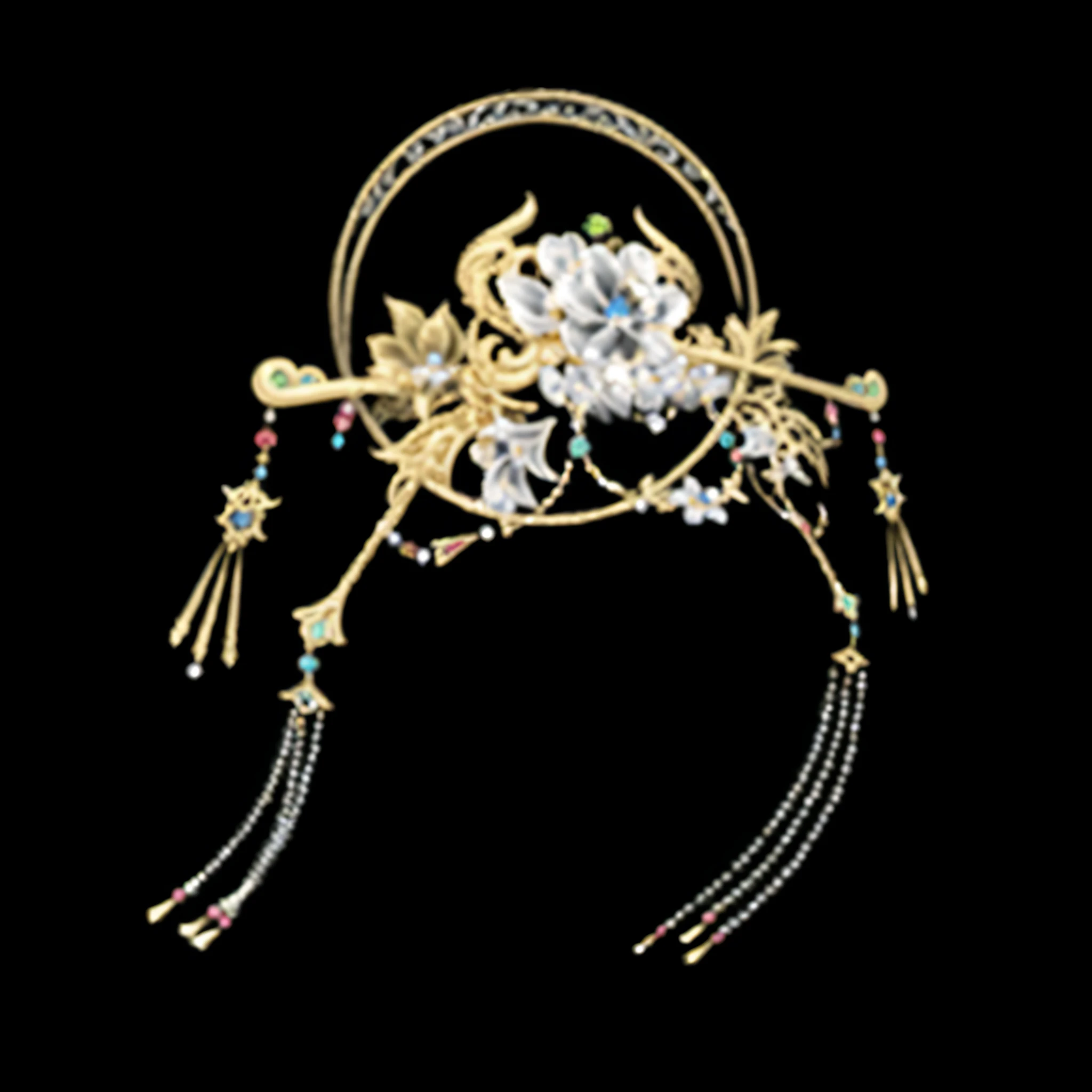 Close-up of TIA with flowers and tassels, elaborate ornate head piece, intricate ornament halo, ornate headdress, Ancient sword, colonnade ornate headdress, ultra realistic fantasy tiara, ornate headdress, intricate gold headdress, ancient chinese ornate, headpiecehigh quality, Qing dynasty, ornate metal gold headpiece, intricate ornamented tiara