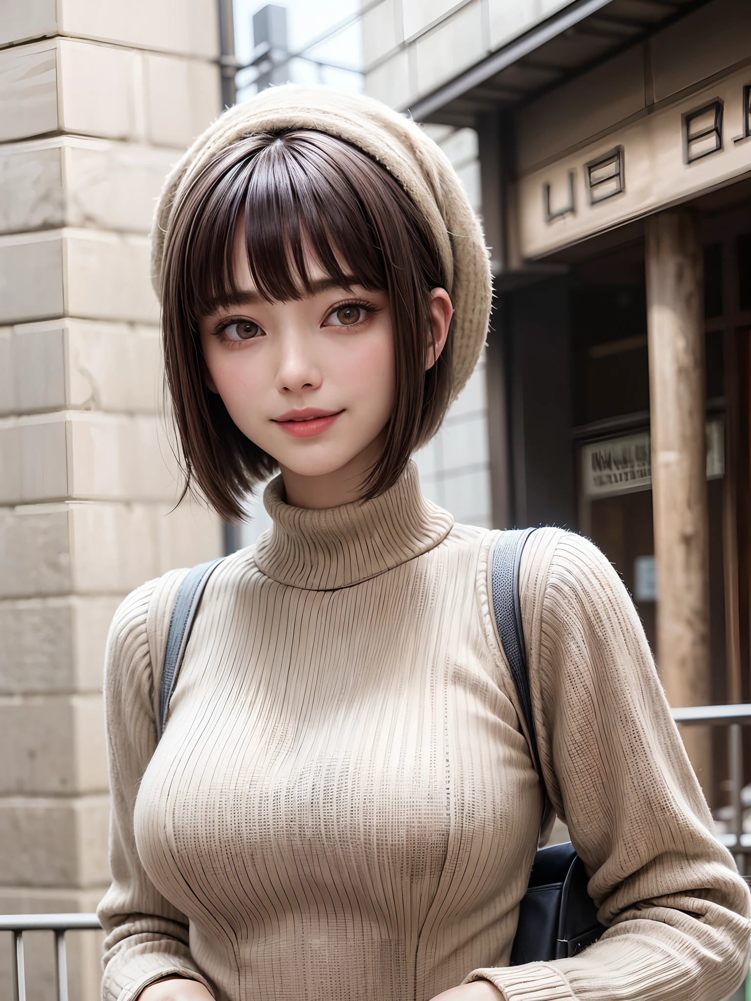 (masterpiece, top-quality、Beautiful woman full of adult charm8),1girl in, 独奏, A dark-haired, scarf, Hats,, realisitic, looking at the viewers, black eyes of light color, shorth hair, coat, Winter clothes, White headscarf, s lips, lipgloss,bangss,, a closed mouth, The upper part of the body、big eye、Lashes、((Street))、((Shorthair with bangs、big eye、Put very strong highlights in your students、very Bigger breasts、gazing at viewer、Very beautiful beauty、Put your ears out、long neck、little smiling、Close your mouth and smile)))、28 year old、Cute supermodels