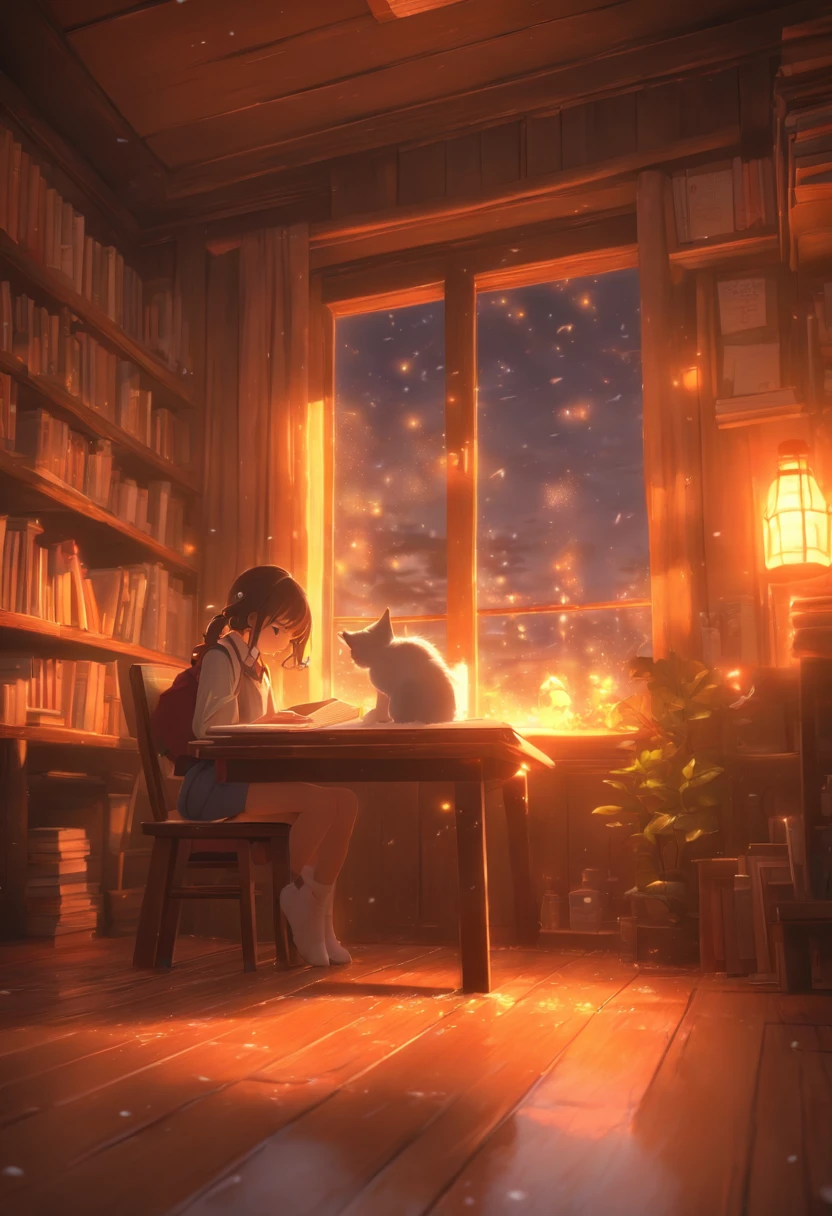 a girl studying at dusk, wooden floor with kitten on the table, eerie atmosphere, book movement, light "snow outside the window" falling, cinematic lighting, mystical, atmospheric, 3D rendering, high details, trends on ArtStation , 4K resolution, ultra-defined detailed pixel