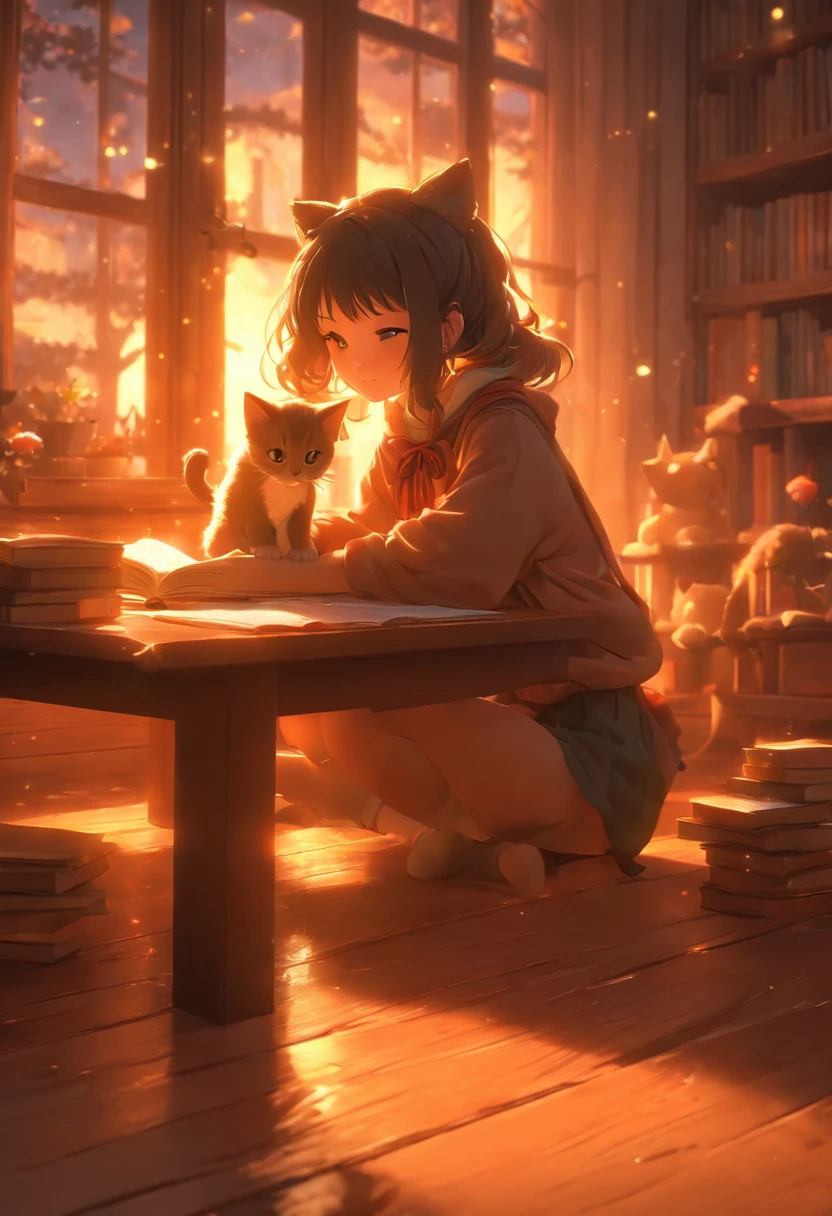 a girl studying at dusk, wooden floor with kitten on the table, eerie atmosphere, book movement, light "snow outside the window" falling, cinematic lighting, mystical, atmospheric, 3D rendering, high details, trends on ArtStation , 4K resolution, ultra-defined detailed pixel