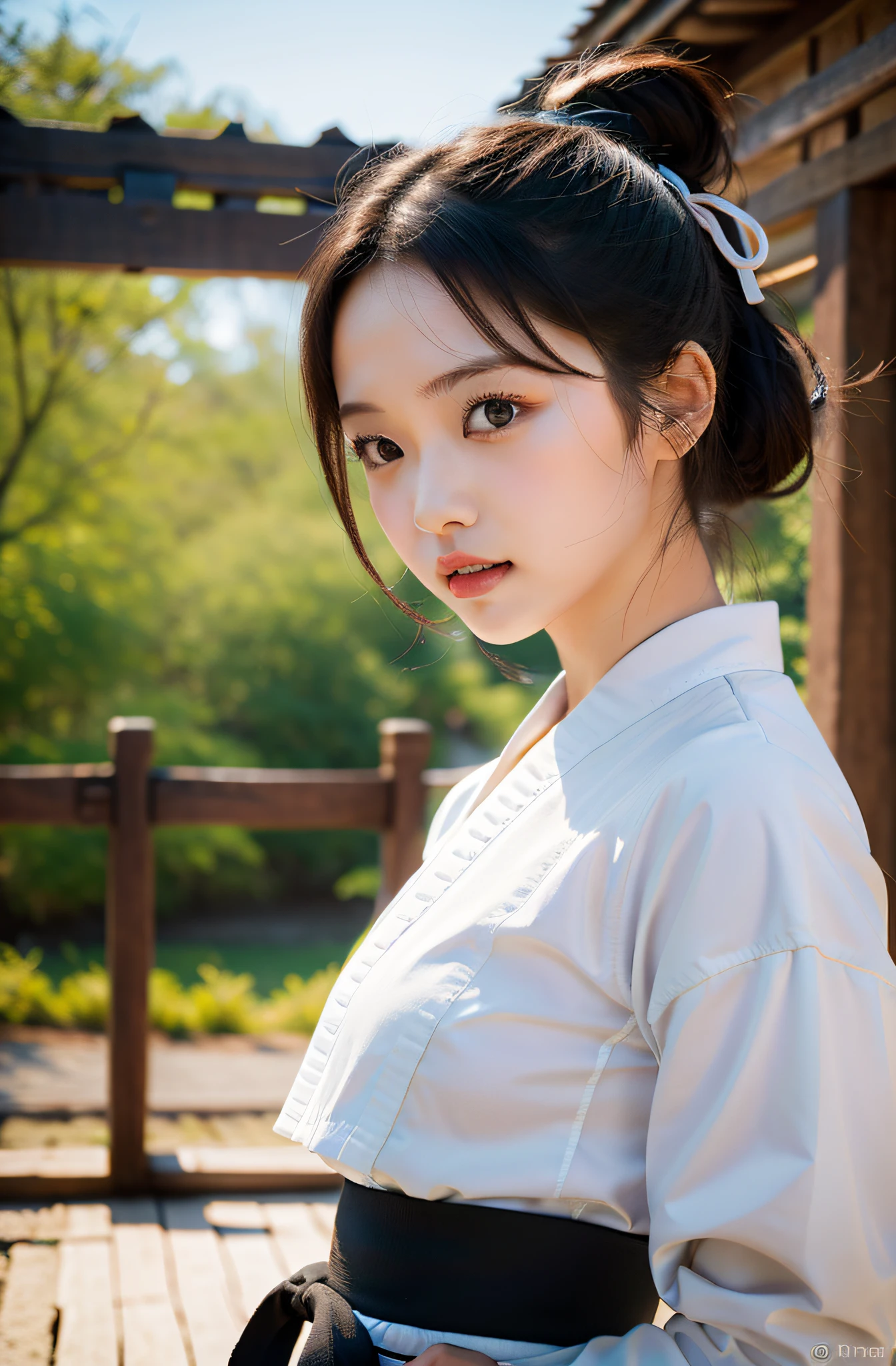 Eri Kamei from Morning Musume, in her early 20s, in the midst of a karate sparring match. Her opponent is poised to attack, and Eri, showcasing her karate cosplay, is ready to defend or counter. She stands confidently, embodying both cuteness and sophistication, with every muscle tensed in anticipation. The image is rendered in lifelike portrayal, Ultra-HD, with crisp detail, vivid colors, and a dynamic range contrast. The soft bokeh effect highlights the dojo's atmosphere, with other karatekas watching the match. Her radiant eyes, focused on her opponent, add to the scene's intensity. Photo hyper-realism, intricate details, ultra-high resolution 16k, Nikon D850 DSLR camera, AF-S NIKKOR 70-200mm f/2.8E FL ED VR lens, Resolution 45.7 megapixels, ISO sensitivity: 64, Shutter speed 1/160 second, ambient lighting with a spotlight on the fighters, pastel color palette, direct gaze at the opponent, impeccable sharpness, depth-of-field, ultra-detailed capture --ar 16:9 --v 5.1 --style raw --q 2 --s 750.