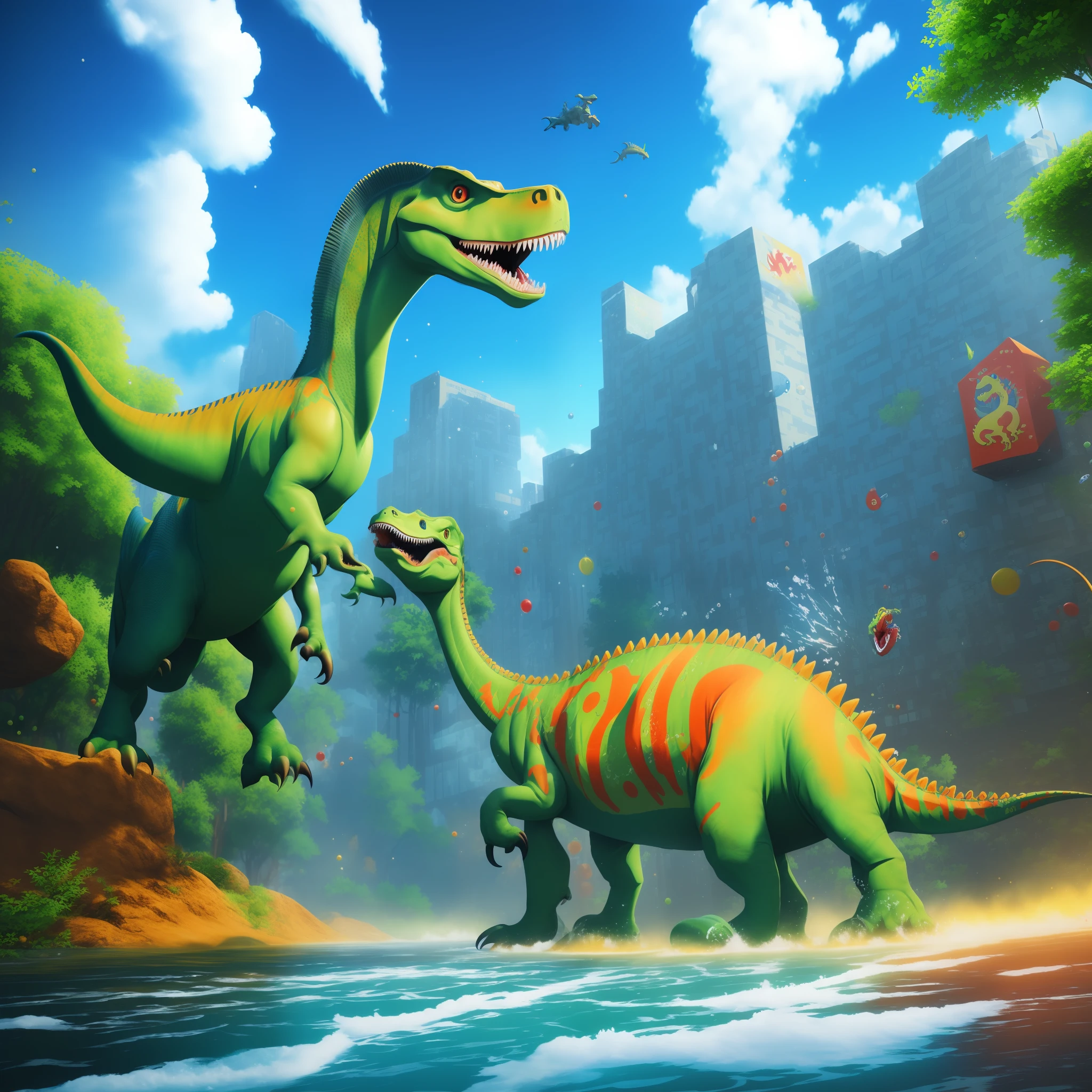 3D dinosaur with bright splashing colors AND the name "Alexander" in the middle of it, poster, anime, illustration, graffiti, 3d render, vibrant