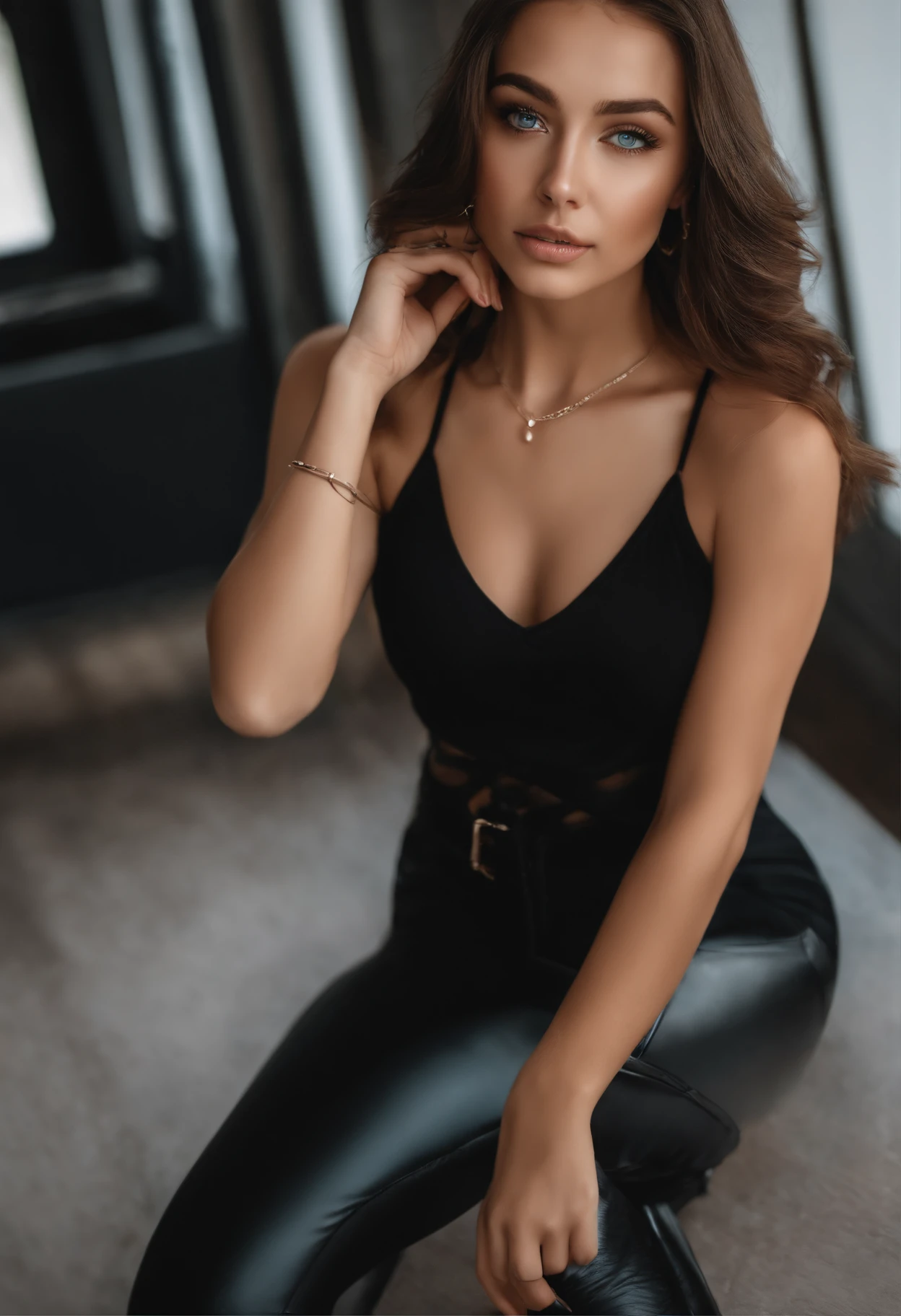 Alafed woman with white tank top and necklace, Sexy girl with blue eyes, Portrait Sophie Mudd, light brown hair and big eyes, selfie of a young woman, Chamber Eye, Violet Myers, makeup-free, natural make up, looking straight at camera, Artgram Face, subtle makeup, Amazing full-body photos, Pierced green eyes, beautiful angle, Engaging pose, Cute girl s, Sexy Pose, fullbody image, full bodyesbian, full body photographed, brunette goddess, high detailing, Pose of Satisfaction, Leather pants