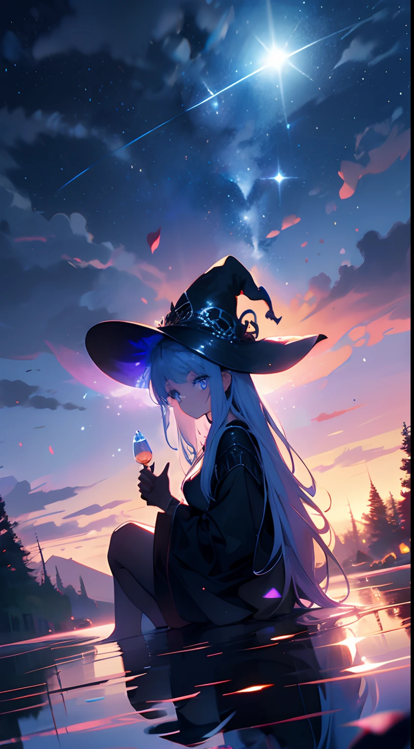 ((masterpiece)), best quality, a mysterious witch meditating on a lake, 1girl, gorgeous, spell, witch, holding circle, earth, moon in the background, reflections, depth, bokeh, traced lights, peace, peacefull, sitting, expressive eyes, blue eyes, glow eyes, light blue hair, particles, fantasy, magical, (perfect anatomy), (pefect scenary), spell, spell glow, breath taking, amazing view, golden details
(beautiful scenery),(perfect face),
BREAK A magical nighttime landscape bathed in ethereal glow and moonlight, the witch is wearing black clothes, a beautiful hat with golden details, a mysterious and magical atmosphere, the image transmit good vibes, the image pass peaceful emotions, peeaceful mood, cosy,confot
BREAK UHD,4K, digital art, visual masterpiece,complementary colors, harmony