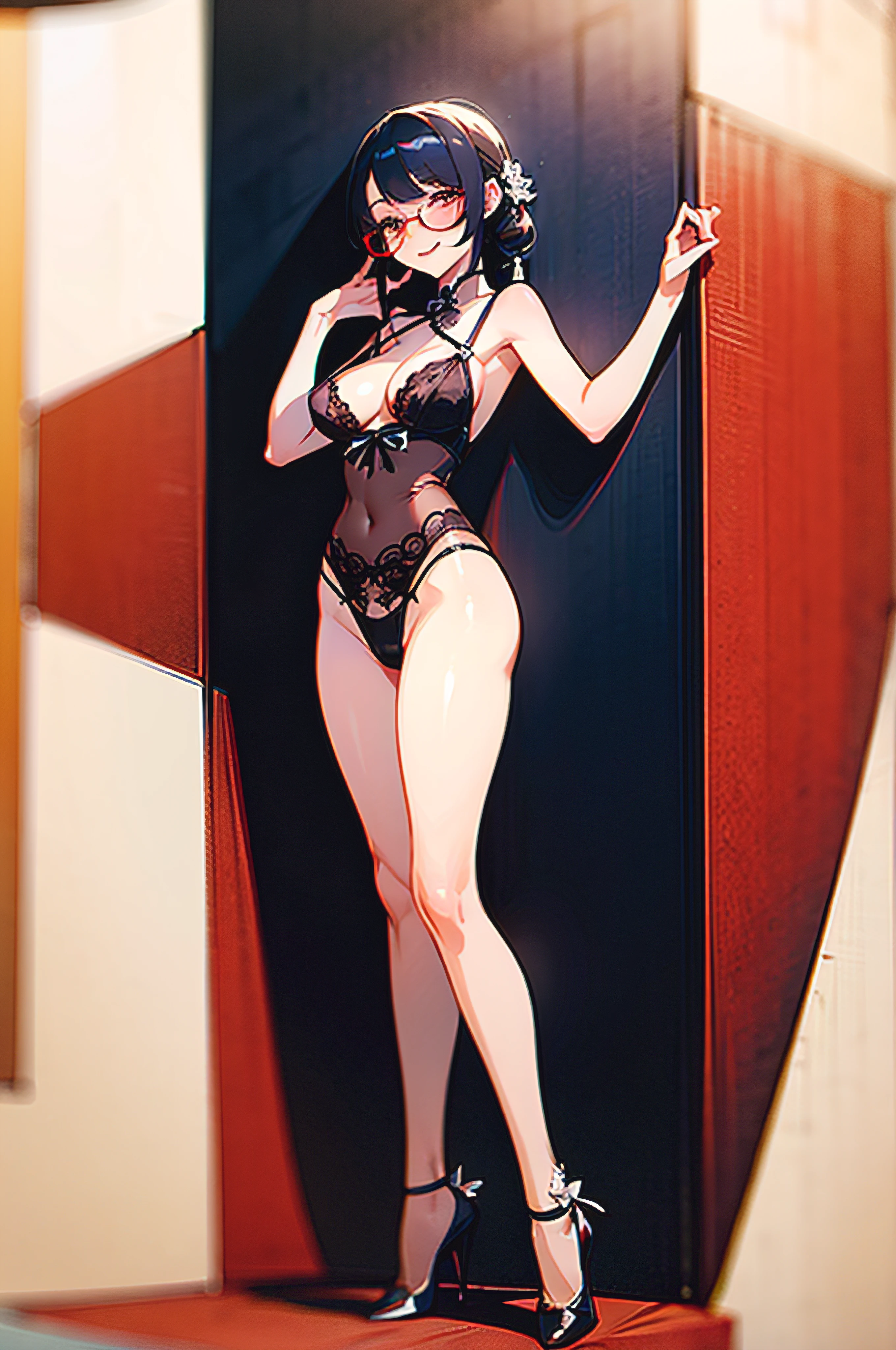 Underground garage Chinese woman 30 years old Busty and slender legs Erotic lingerie Stand up heels Glasses Eyeball roll eyes Coquettish Professionalism Fair skin Art woman Lace lingerie Sticking out your tongue Caress yourself