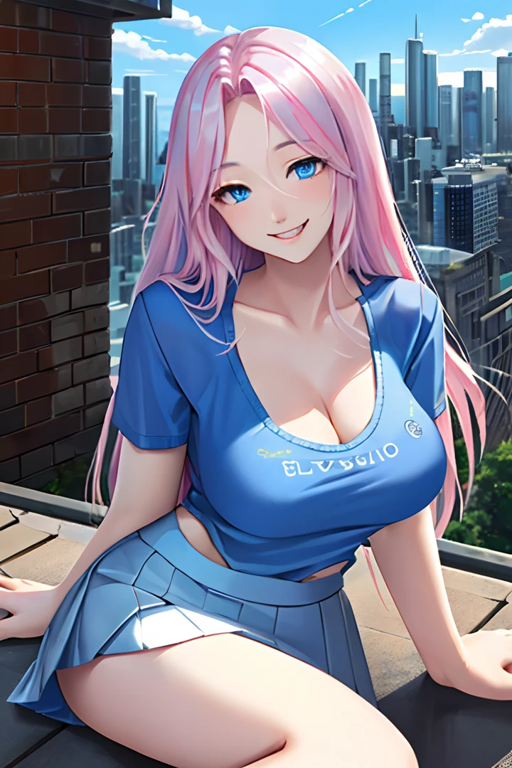 official art, masterpiece, sharp focus, (beautiful gorgeous cute Korean woman:1.3), (beautiful cute korean:1.3), korean beauty, Delicate and beautiful hair and eyes and face, realistic, ultra detailed, beautiful girl, blue sky, glow white particle, (sidelighting:1.2), sun light, white cloud, detailed clouds, slender, Lovely very large breasts and very large hips, smile with teeth, ((smile with eyes, open both eyes)), scenery, long straight hair, sexy facial expression, building, (cityscape:1.7), dynamic hair, long straight hair, detailed platinum pink hair, glow blue eyes, (blue pleated shirts + white skirt), white long socks, pale skin, hair ornament, epic scenery,