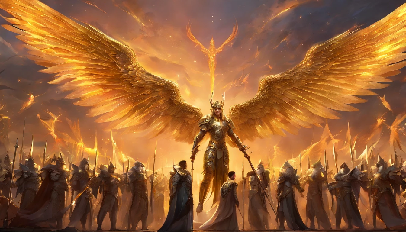 A vast army of manly archangels, with large wings of fire, wielding swords, wearing gold armor with black details and arranged in rows, high quality,8k