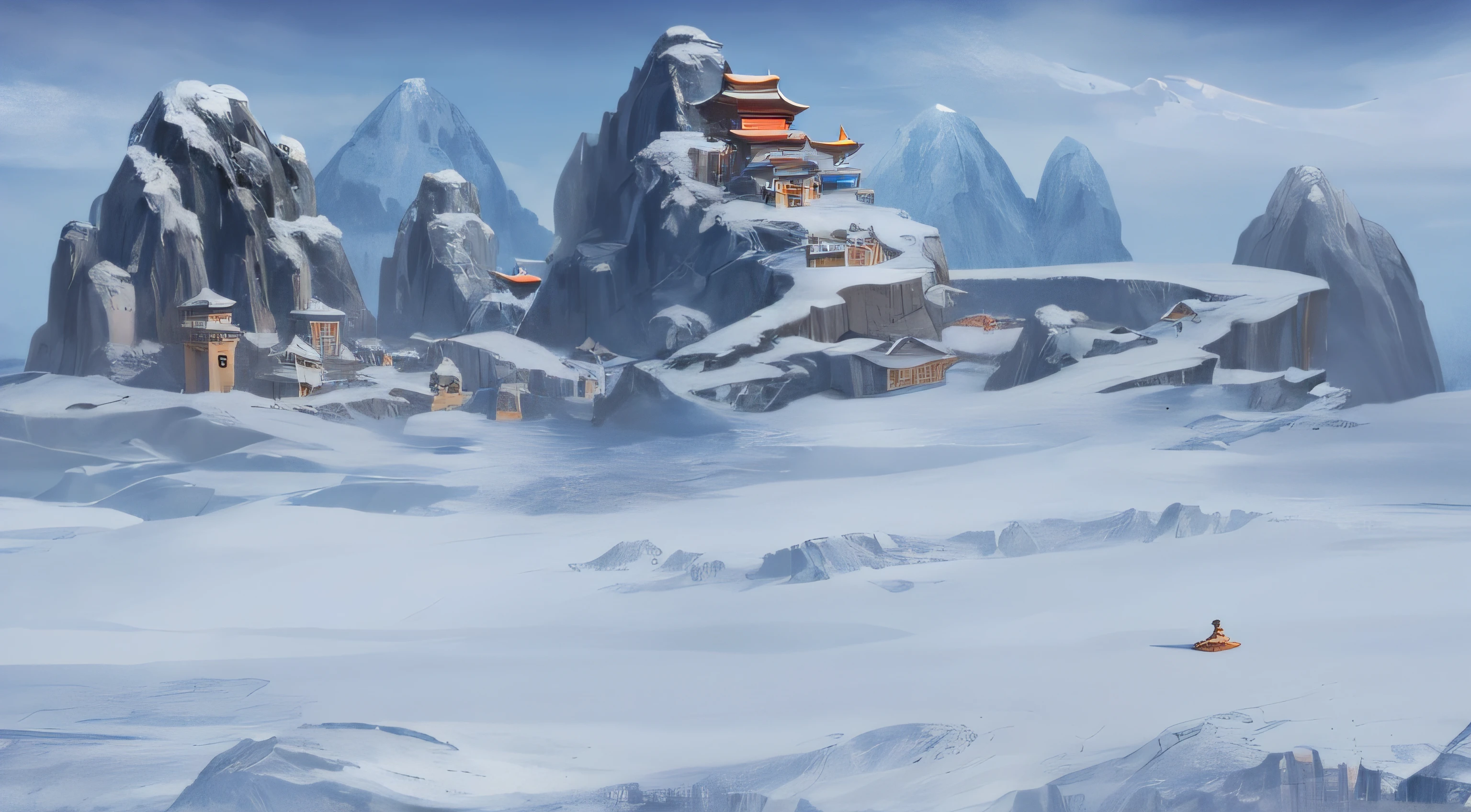 Draw a mountain，There is a Chinese-style building in the middle, Arte conceitual de inverno, painted as a game concept art, legend of korra setting, Blizzard Hearthstone concept art, snow wasteland, Snowy plains, Snowy environment, arte de fundo, environment painting, icey tundra background, concept piece, painterly concept art, blizzard concept art, environment and concept art