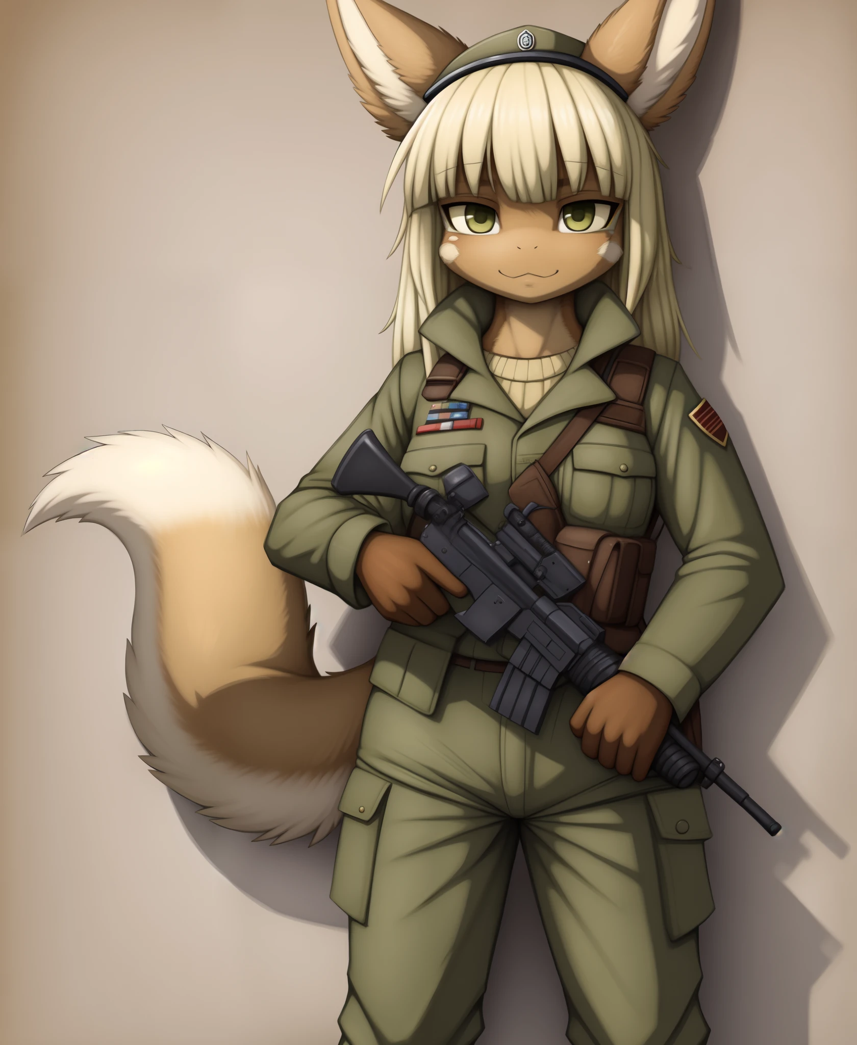 detailed hand,anthro,1girl,nanachi,soldier,adapted_uniform,pants,art by jay_naylor,