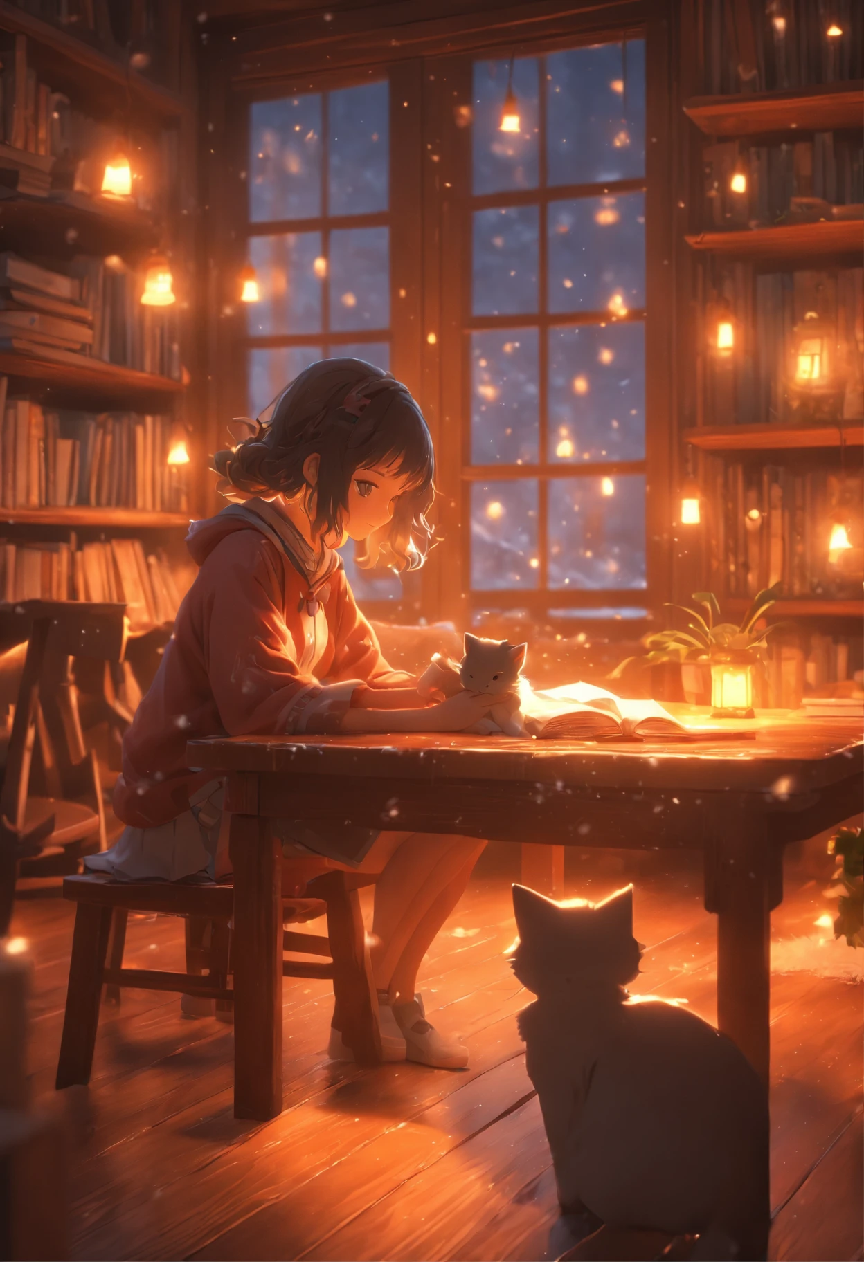 a girl studying at dusk, wooden floor with kitten on the table, eerie atmosphere, book movement, light "snow outside the window" falling, cinematic lighting, mystical, atmospheric, 3D rendering, high details, trends on ArtStation , 4K resolution, ultra-defined detailed pixel