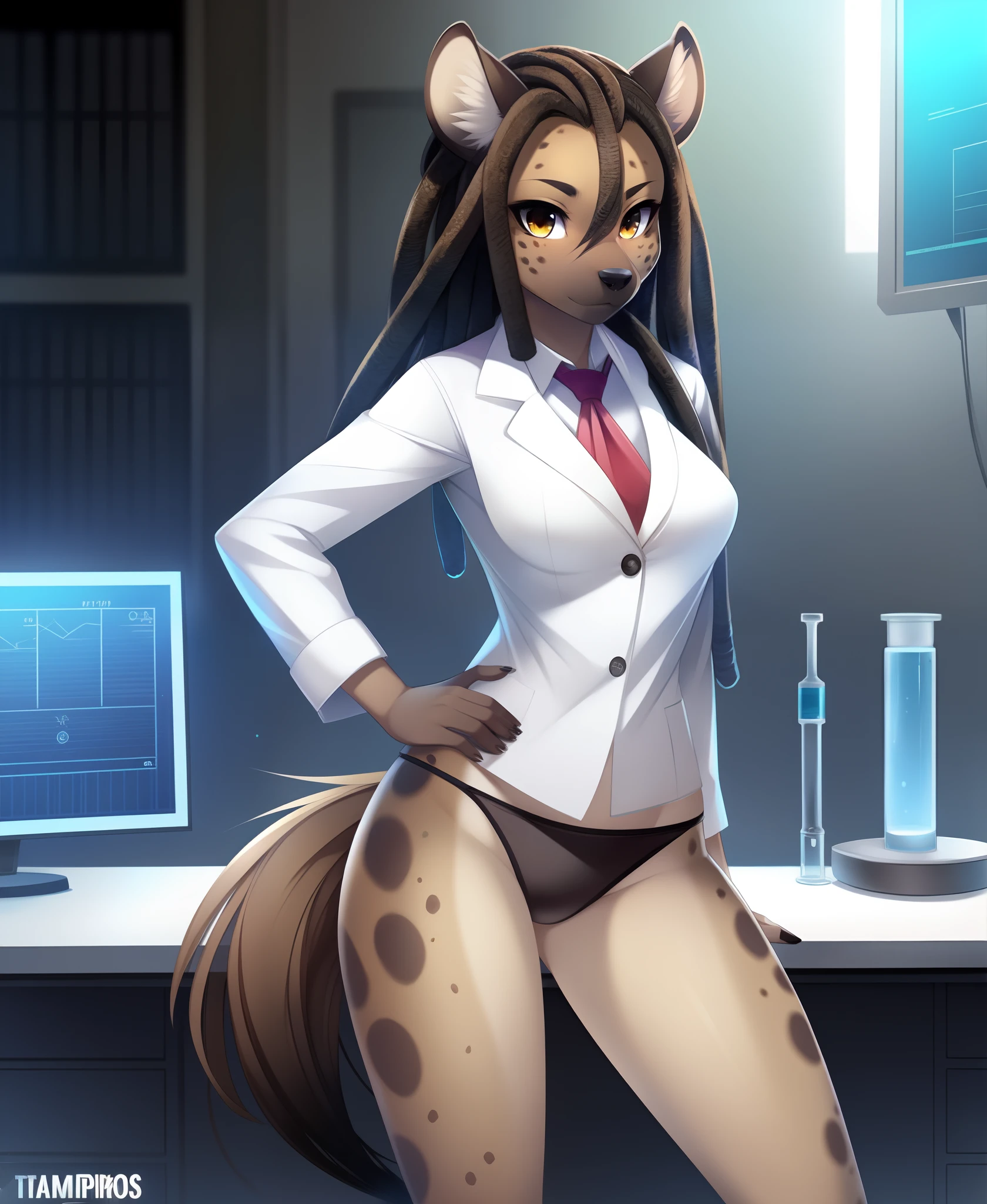 1girl,spotted hyena,tail,Dreadlocks,panties,scientist,TalDarimAI,art by Tsampikos,