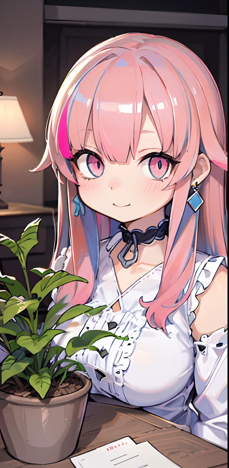 ((masterpiece)), breasts, looking_at_viewer, short hair, (multicolored_eyes:1.5), (pink hair:1.8), bangs, blue_eyes, ((light_smile)), (long locks:1.4), (ribbon earrings) , masterpiece, best quality, high quality, absurd, shiny skin, colorful, dynamic pose, stunning art, best quality, hyper detailed, dynamic angle, beatlful detailed, reflective hair, good lighting, ray tracing, depth of field, ultra -detailed, illustration, amazing, fine detail, extremely detailed, ((ultra-detailed)), (beautiful girl detailed), beautiful detailed shine, intricate detail, highres, an extremely delicate and beautiful, beautiful detailed eyes, realistic, HDR, round eyes, detailed facial features, (illustration), (beautiful detailed eyes), ((very detailed face)), depth_of_field, eyebrows_visible_through_hair, ruffles, looking_at_viewer, (upper body: 1.4), clothes reflecting light, (diffraction of light on skin: 1.35), (shiny skin: 1.55), (Iridescence Effect: 1.55), clavicle, white_shirt, long_sleeves, choker, flower, camera, (indoor, potted plant: 1.5), critical angle,