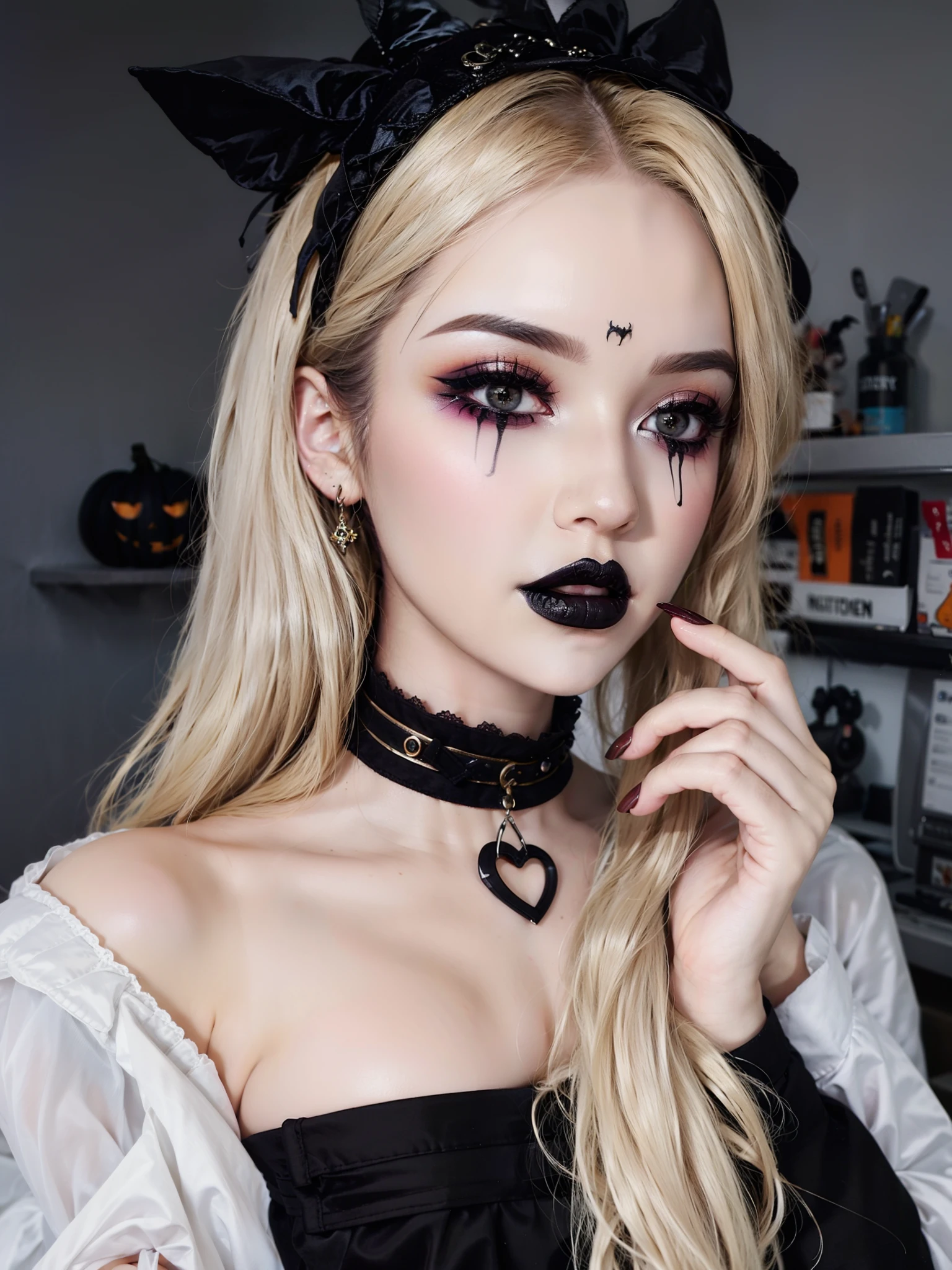 RAW photo, 1girl,South Korean idol ,  heart bun hair, HWmakeup, (Halloween costume:1.1), complex Halloween party background, (hdr, hyperdetailed:1.2),(photo: 1.3) af (realistic: 1.3), ((close-up))