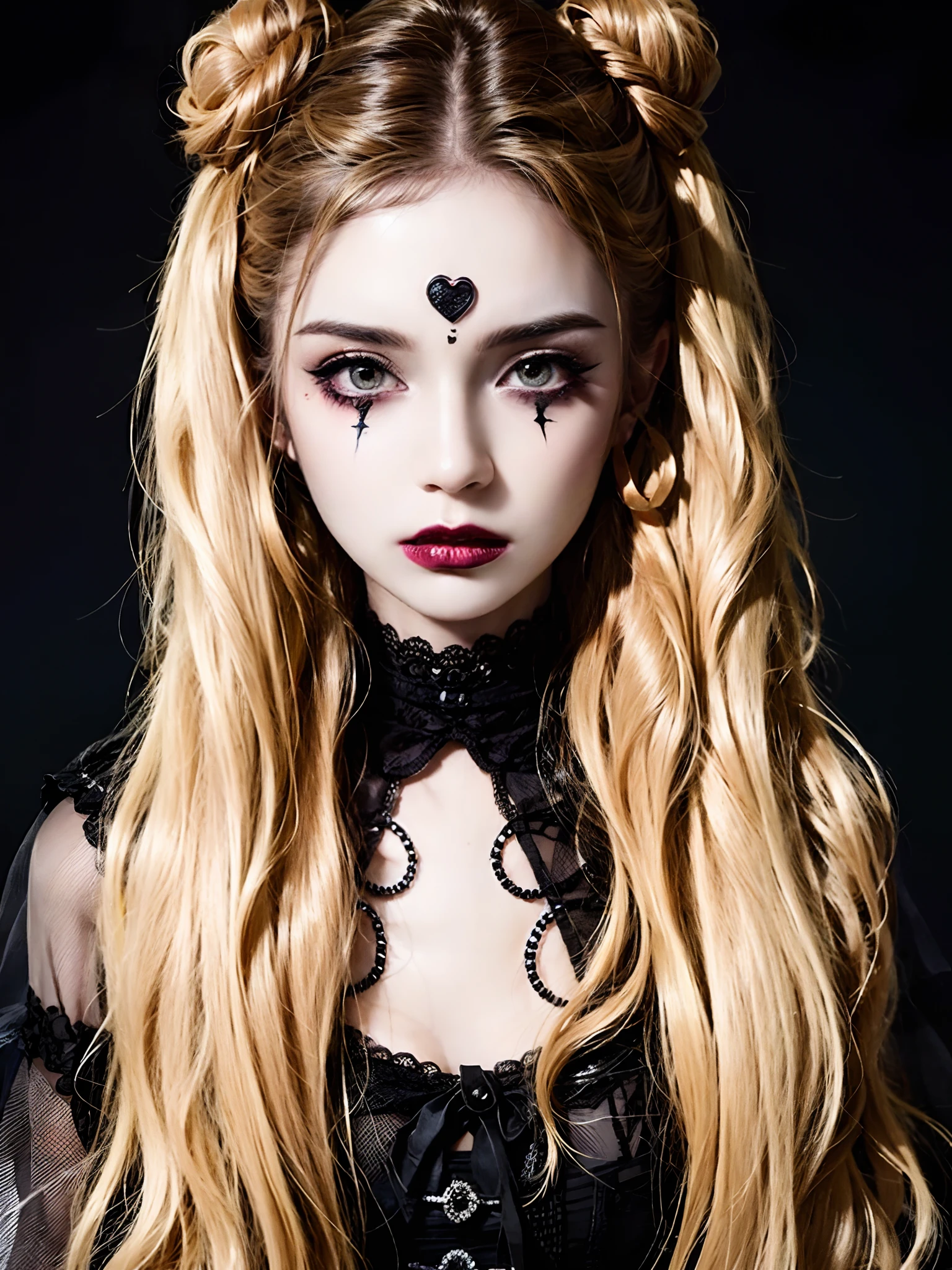 RAW photo, 1girl,South Korean idol ,  heart bun hair, HWmakeup, (Halloween costume:1.1), complex Halloween party background, (hdr, hyperdetailed:1.2),Halloween Makeup