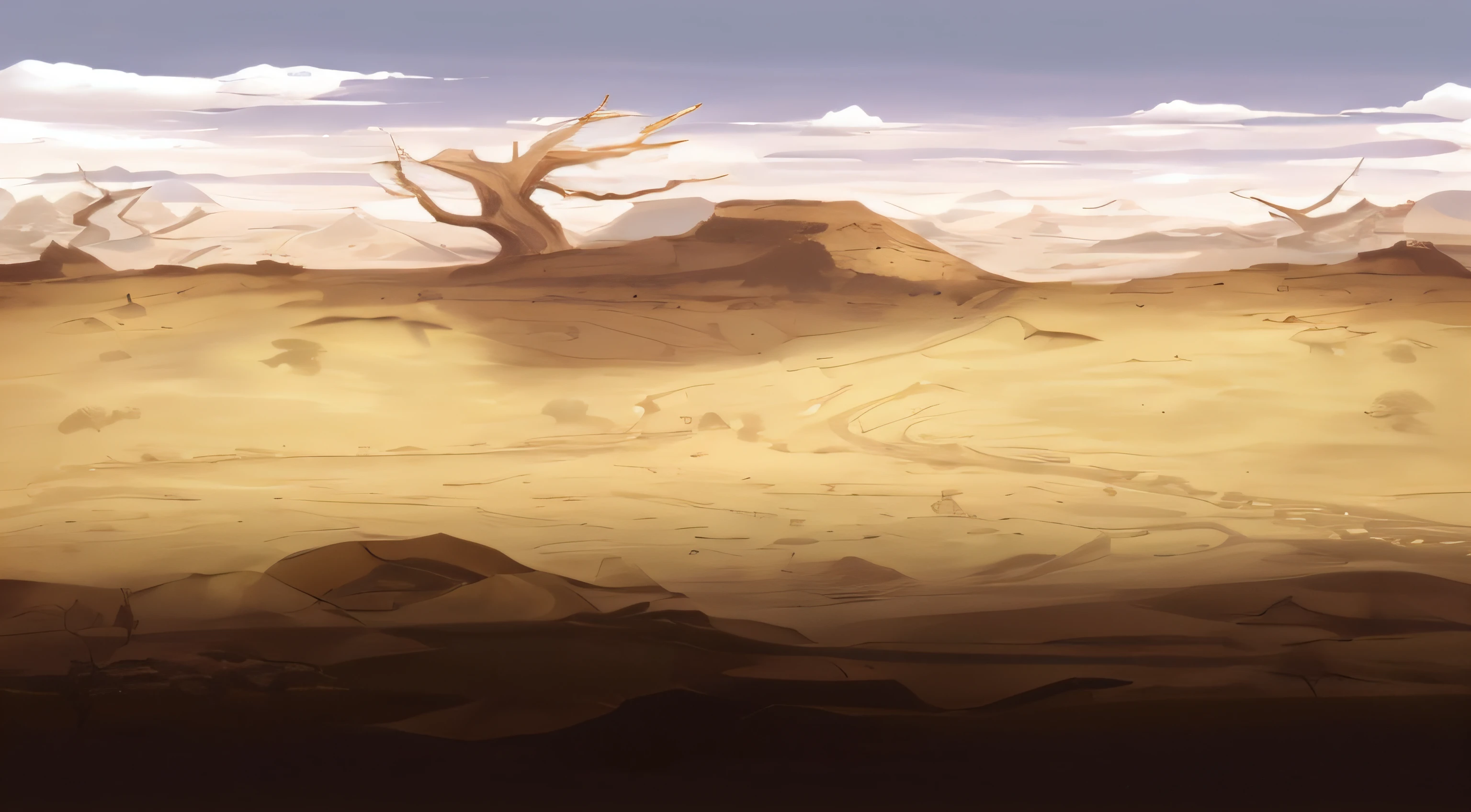 There is a cartoon desert scene with rocks and trees, Dark desert background, desert wasteland, barren wasteland, Desert background, arte de fundo, Desert environment, Desolate wasteland, sand and desert environment, background artwork, barren landscape, Desolate and empty wasteland, Dead forest background, valley of the damned background, stark landscape, 2 D game art background,HD, 4K, 8k, best quality, highres, 1080P, masterpiece, UHD