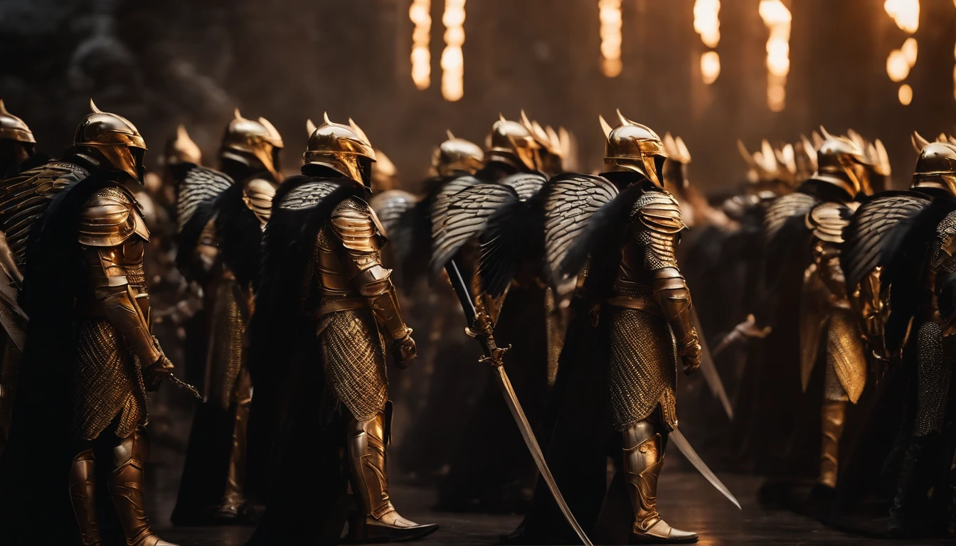 A vast army of manly archangels, with large wings of fire, wielding swords, wearing gold armor with black details and arranged in rows, high quality,8k