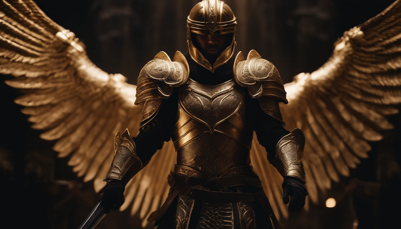 A vast army of manly archangels, with large wings of fire, wielding swords, wearing gold armor with black details and arranged in rows, high quality,8k