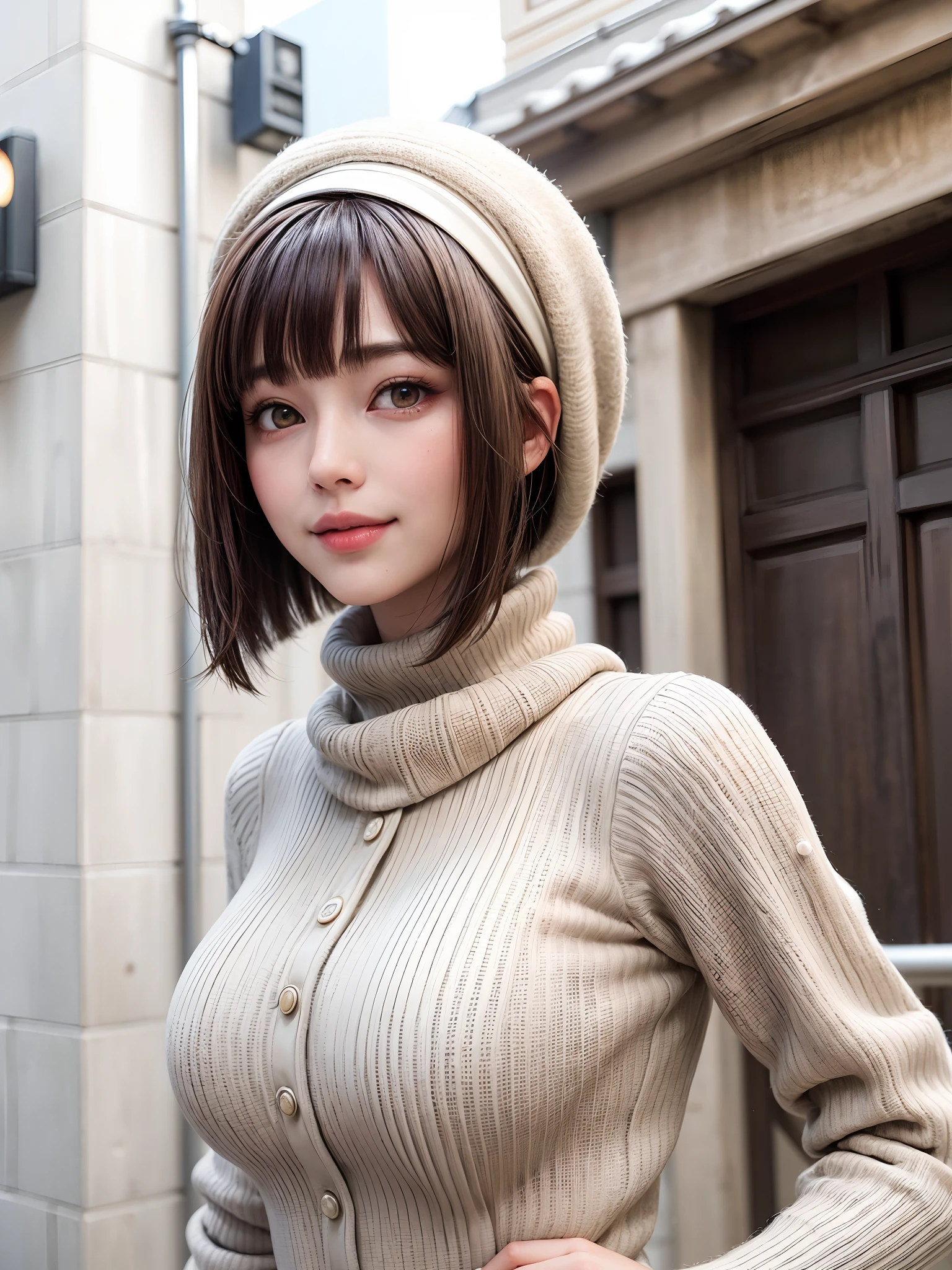 (masterpiece, top-quality、Beautiful woman full of adult charm8),1girl in, 独奏, A dark-haired, scarf, Hats,, realisitic, looking at the viewers, black eyes of light color, shorth hair, coat, Winter clothes, White headscarf, s lips, lipgloss,bangss,, a closed mouth, The upper part of the body、big eye、Lashes、((Street))、((Shorthair with bangs、big eye、Put very strong highlights in your students、very Bigger breasts、gazing at viewer、Very beautiful beauty、Put your ears out、long neck、little smiling、Close your mouth and smile)))、28 year old、Cute supermodels