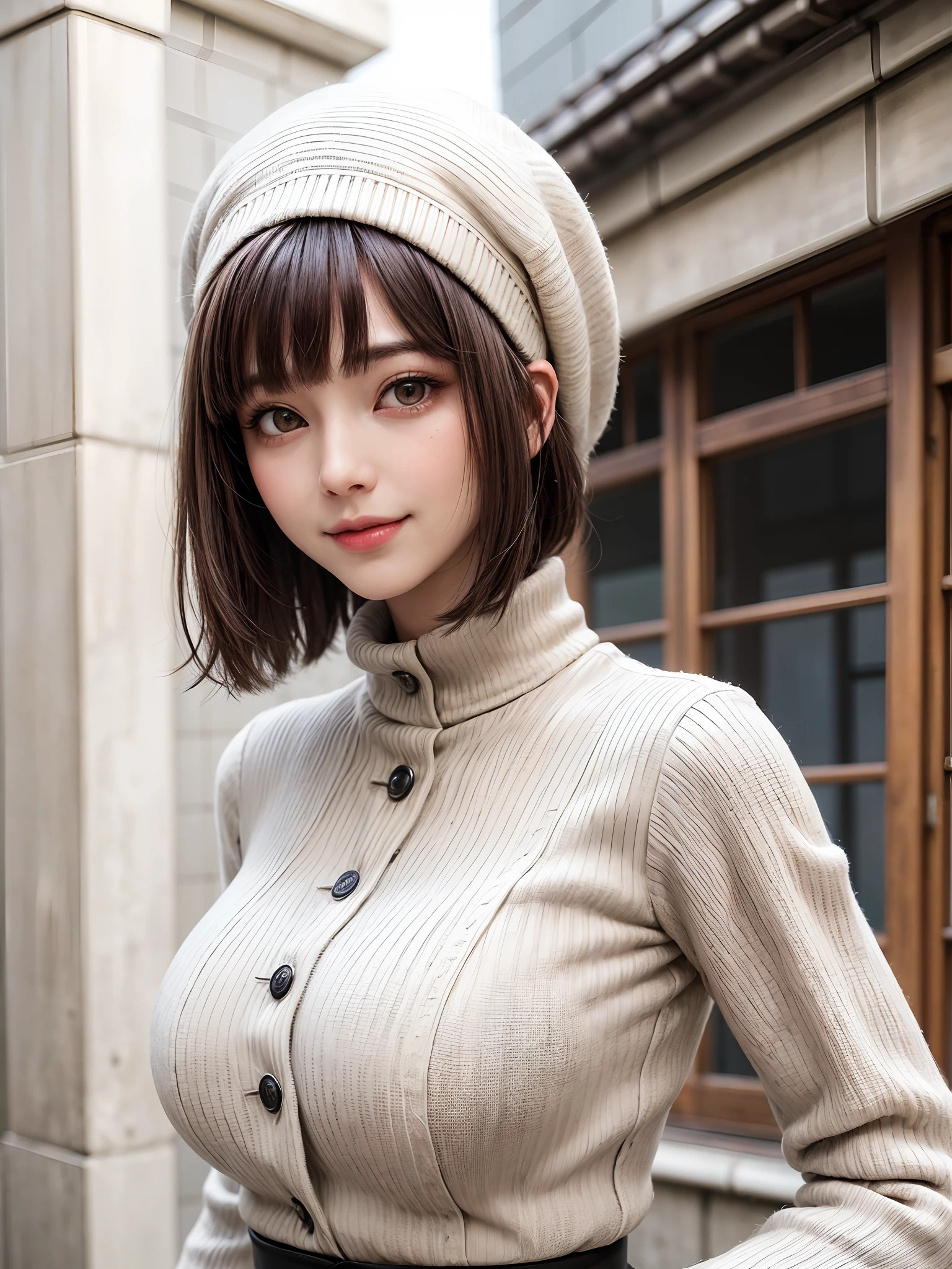 (masterpiece, top-quality、Beautiful woman full of adult charm8),1girl in, 独奏, A dark-haired, scarf, Hats,, realisitic, looking at the viewers, black eyes of light color, shorth hair, coat, Winter clothes, White headscarf, s lips, lipgloss,bangss,, a closed mouth, The upper part of the body、big eye、Lashes、((Street))、((Shorthair with bangs、big eye、Put very strong highlights in your students、very Bigger breasts、gazing at viewer、Very beautiful beauty、Put your ears out、long neck、little smiling、Close your mouth and smile)))、28 year old、Cute supermodels