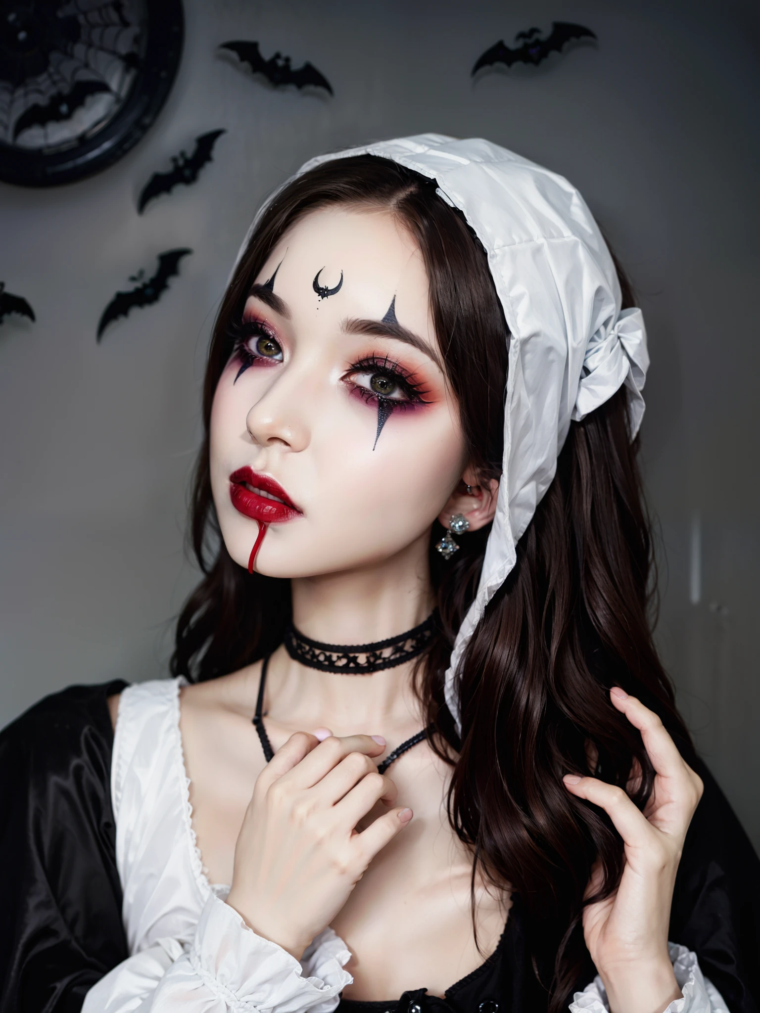 RAW photo, 1girl,South Korean idol , heart bun hair, HWmakeup, (Halloween costume:1.1), complex Halloween party background, (hdr, hyperdetailed:1.2),(photo: 1.3) af (realistic: 1.3), ((close-up))