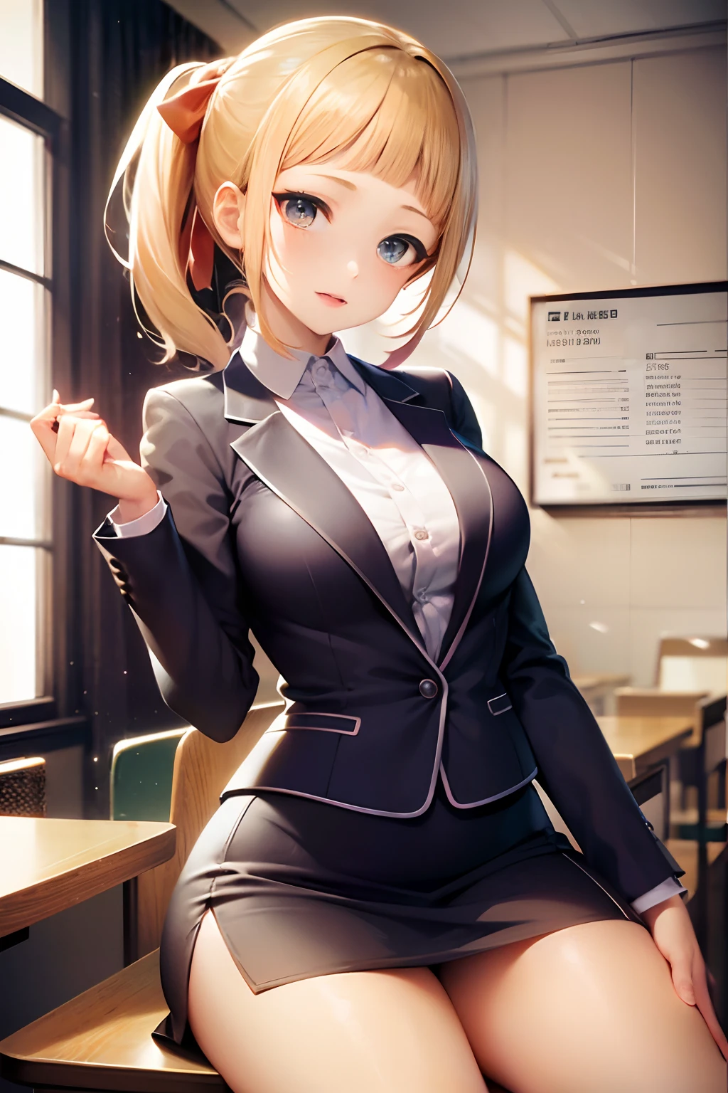 meeting room, ((Business suits:1.5)), ((a miniskirt:1.5)), Break HA, very detailed face and eyes, ((Kyoto Animation Style)), super precision, ​masterpiece, very extremely beautiful, Princess Face,  shorth hair, Straight hair, a blond, ((Short ponytail:1.5)), ((Straight bangs:1.5)), ((hime-cut:1.5)), big eye, Blue eyes, ((medium breasts)), BREAK, Red ribbons, cowboy  shot, dynamicposes, gland, stern face, frombelow, Latex, desk work, ((press conference)), sitting on, frombelow, half-opened mouth,