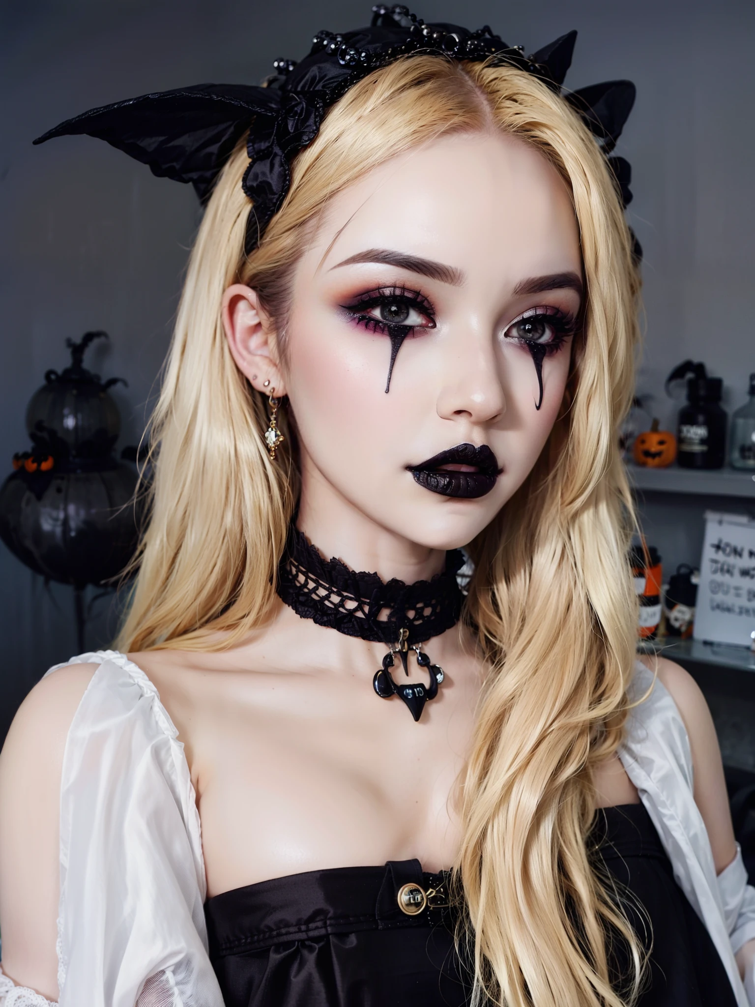 RAW photo, 1girl,South Korean idol ,  heart bun hair, HWmakeup, (Halloween costume:1.1), complex Halloween party background, (hdr, hyperdetailed:1.2),(photo: 1.3) af (realistic: 1.3), ((close-up))