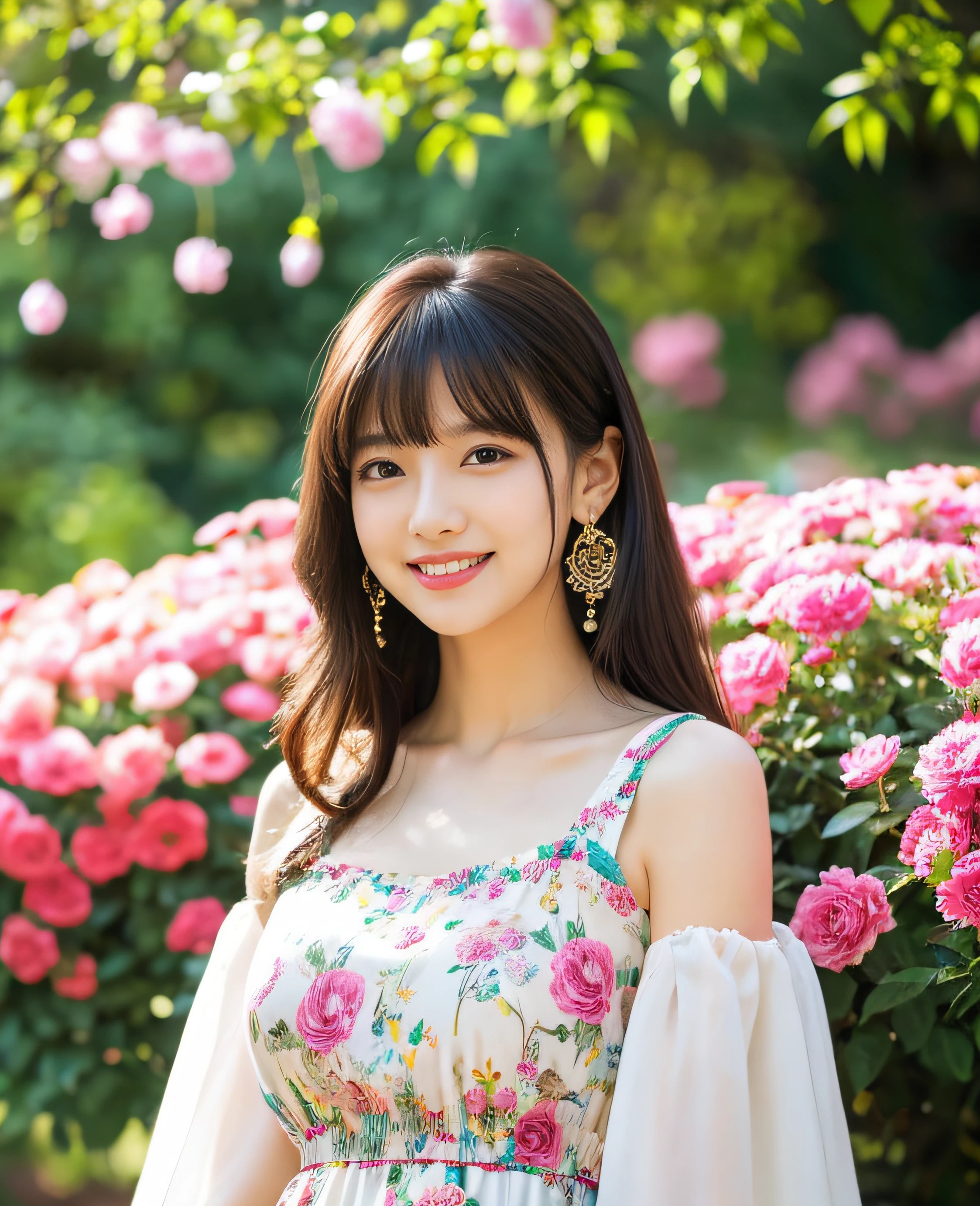 ((Masterpiece)), 8k, Masterpiece, Highest Quality, 1 Girl, Solo, Realistic, Garden, Photorealistic, Super Detailed, Detailed Background, (Solo: 1.4), Happy Expression, Slender Body, Realistic Highly detailed long hair, intricate details, masterpiece, top quality, waist shot, (flowery garden background)), smile, ((looking at camera)), earrings, long straight black hair, asymmetrical bangs, natural chest , colorful dress,