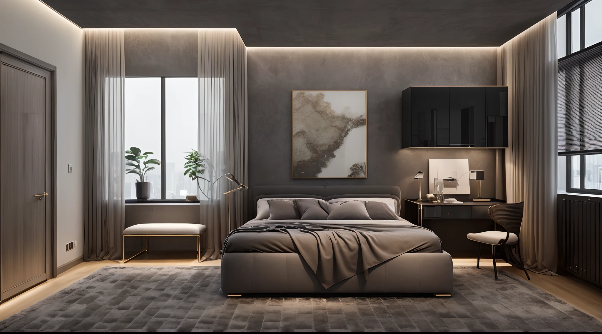 in the night, nice lighting,
luxurious bedroom interior design, luxury interior, luxurious bed,tufted carpet, large glass window with gray drapes, natural light, softlight, (flat white ceiling),masterpiece, realistic, high quality, potted plants