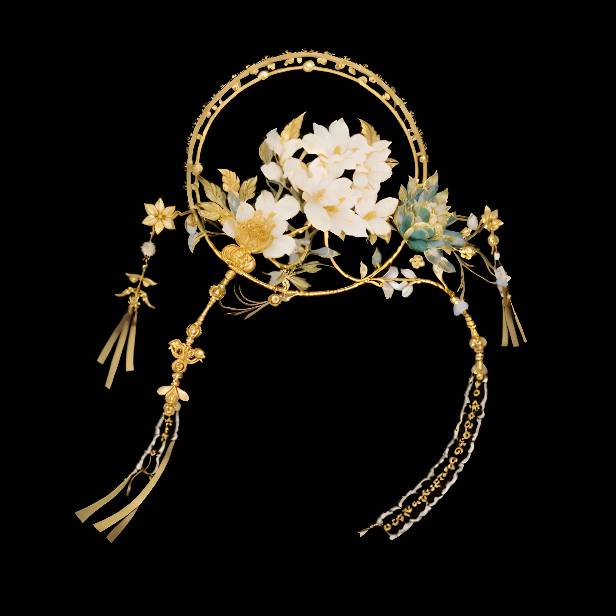 Close-up of TIA with flowers and tassels, elaborate ornate head piece, intricate ornament halo, ornate headdress, Ancient sword, colonnade ornate headdress, ultra realistic fantasy tiara, ornate headdress, intricate gold headdress, ancient chinese ornate, headpiecehigh quality, Qing dynasty, ornate metal gold headpiece, intricate ornamented tiara