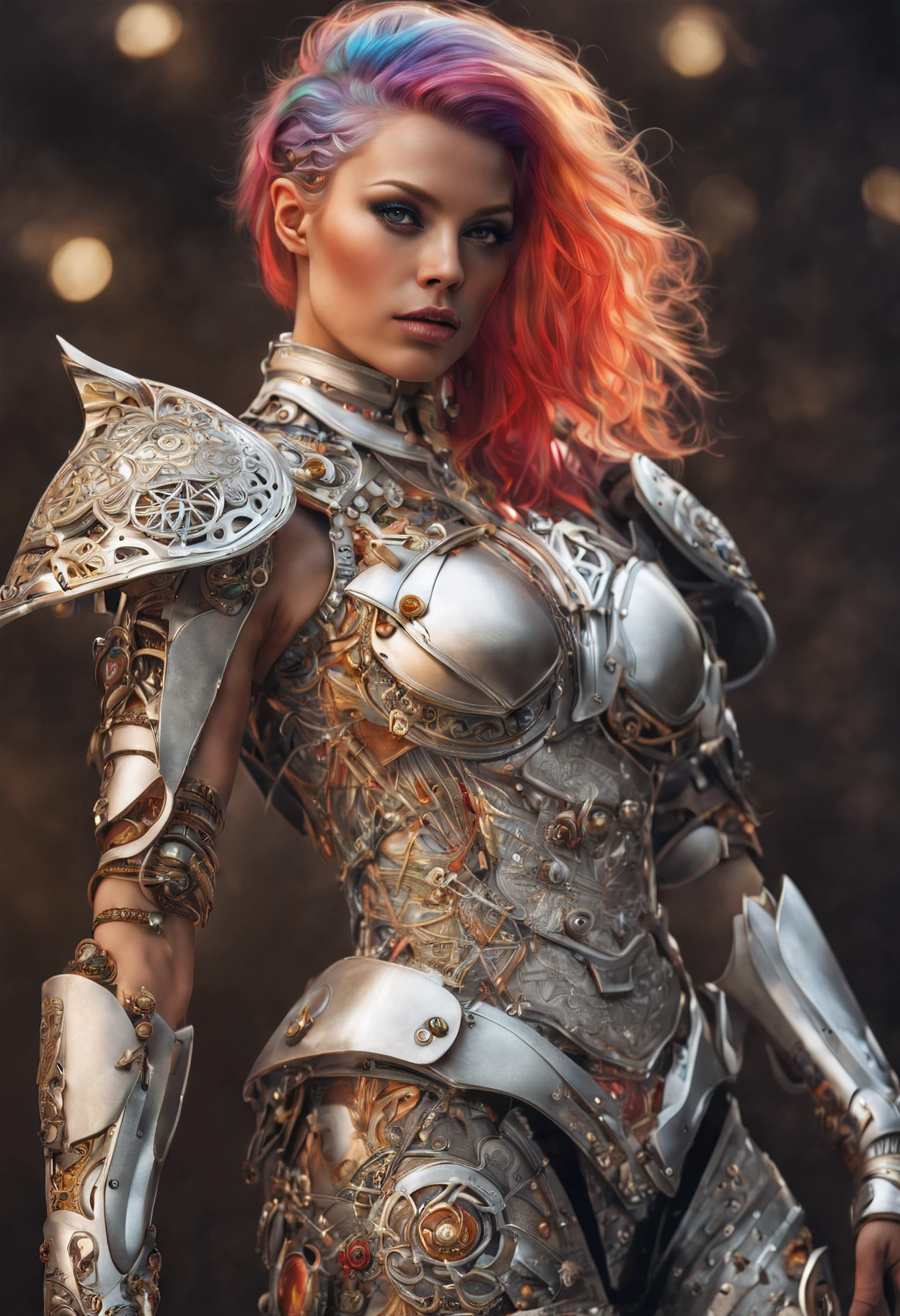 (((Top Quality: 1.4))),(Unparalleled Masterpiece),ultra high res,(Photorealsitic:1.4), surreal photography of a stunning beautiful cyborg female, (rainbow hair), huge breast, (beauty and detailed armor), embraced, delicate (white platinum) filigree, intricate filigree, glowing, navel, highly detailed, intricate details, face symmetry, masterpiece, award-winning, sharp focus, concept art,(natural skin texture, hyperrealism, soft light, sharp:1.2) , octane render,(half body image :1.5)
