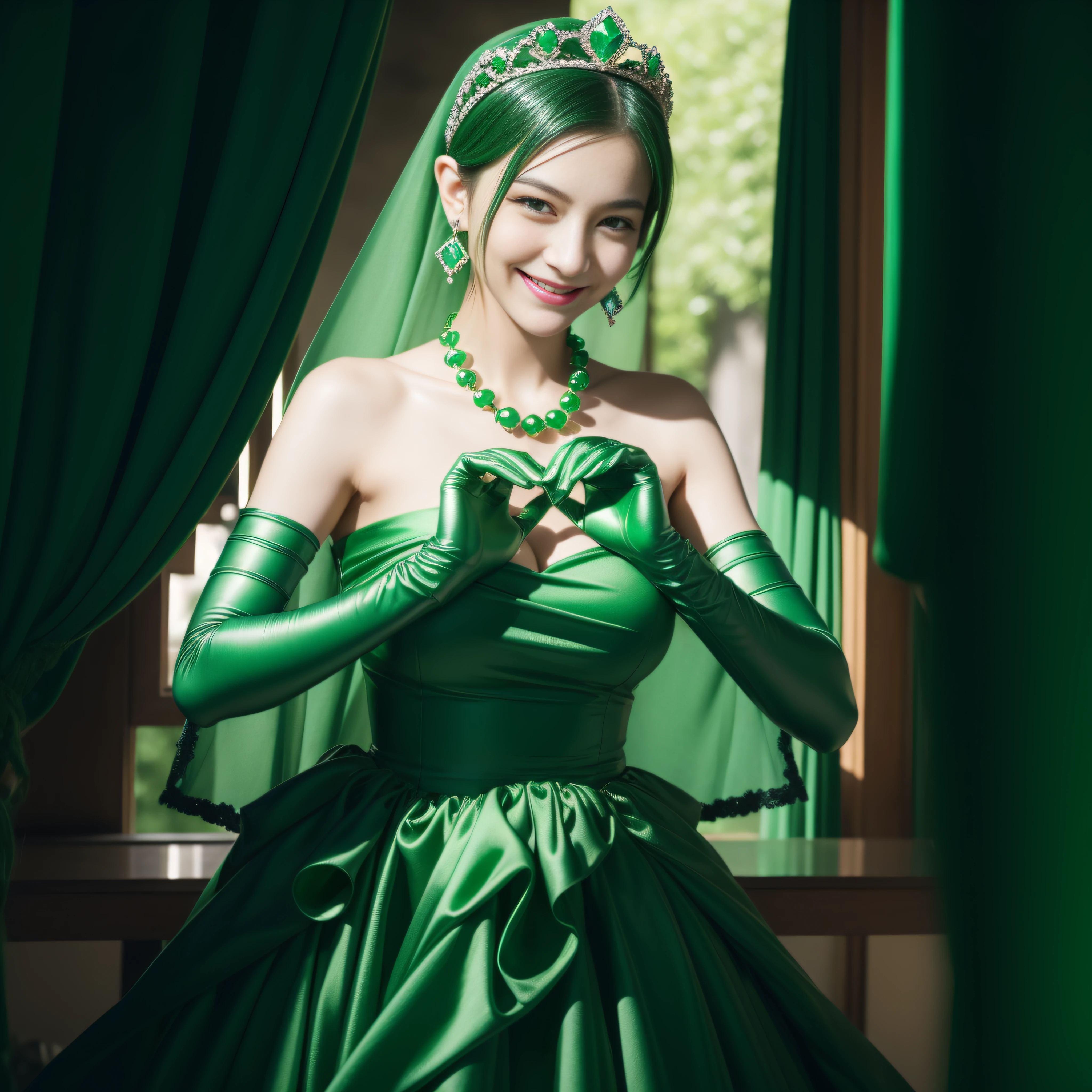 emerald tiara, Green Pearl Necklace, Boyish very short green hair, lipsticks, Japan woman smiling, very short short hair, big breasts beautiful, Green eyes, Long green gloves made of satin material, Green eyes, Emerald Earrings, green vale, v sign