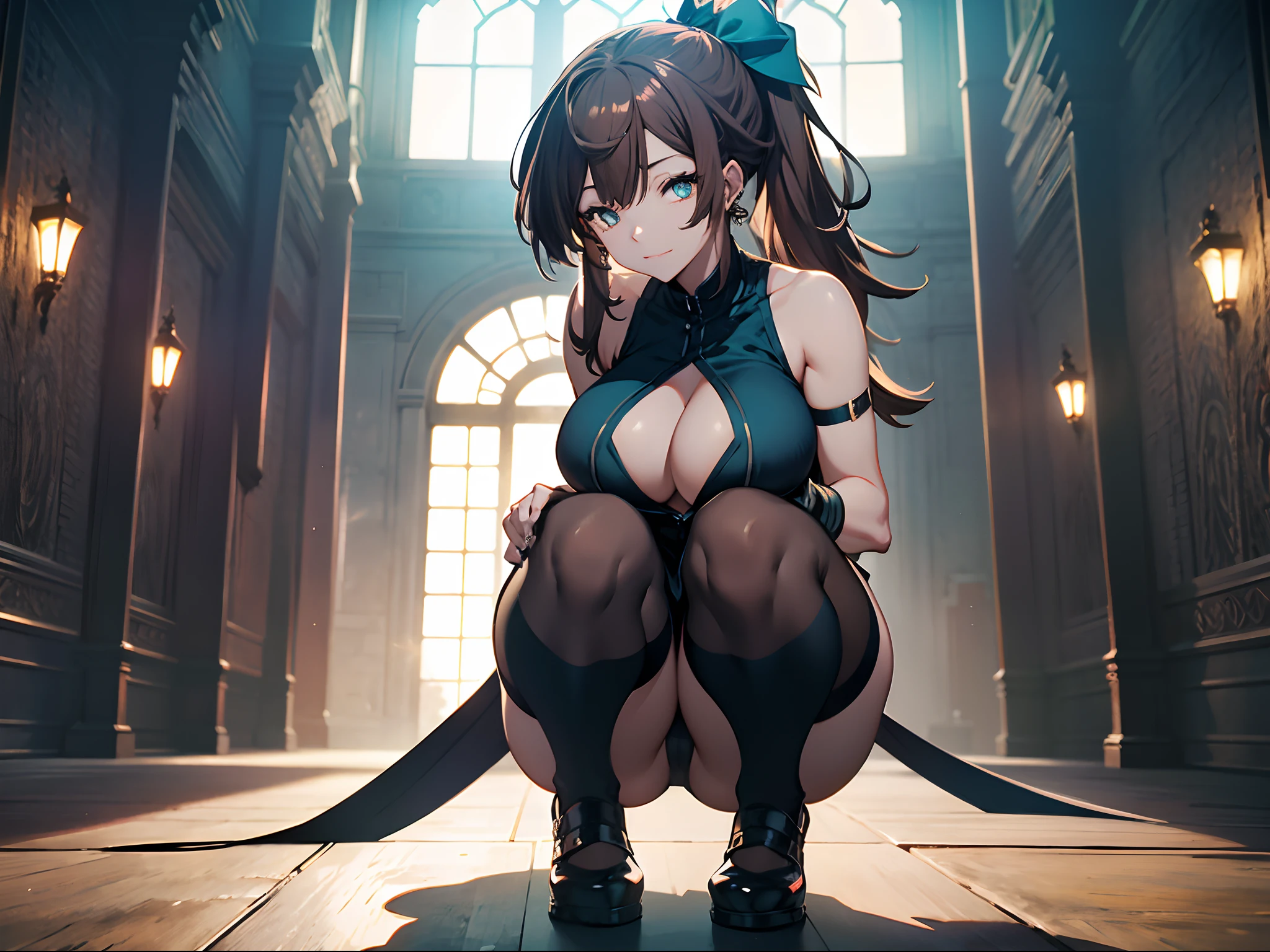 Mansion hall，Ultimate luxury，detailed detail，one-girl，Squat on the floor，Brown hair, Hair Bow, aqua eyes, Earrings, anime big breast, Cinematic lighting,  8K, Best quality, A high resolution，