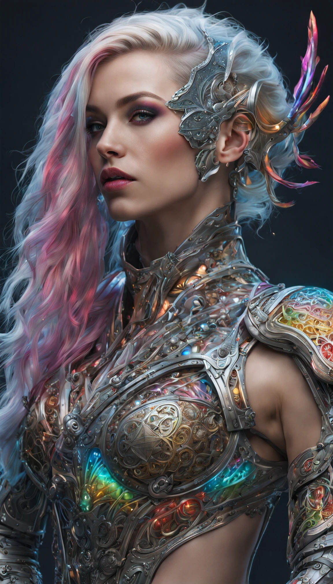 (((Top Quality: 1.4))),(Unparalleled Masterpiece),ultra high res,(Photorealsitic:1.4), surreal photography of a stunning beautiful cyborg female, (rainbow hair), huge breast, (beauty and detailed armor), embraced, delicate (white platinum) filigree, intricate filigree, glowing, navel, highly detailed, intricate details, face symmetry, masterpiece, award-winning, sharp focus, concept art,( hyperrealism, soft light, sharp:1.2) , octane render,(half body image :1.5)
