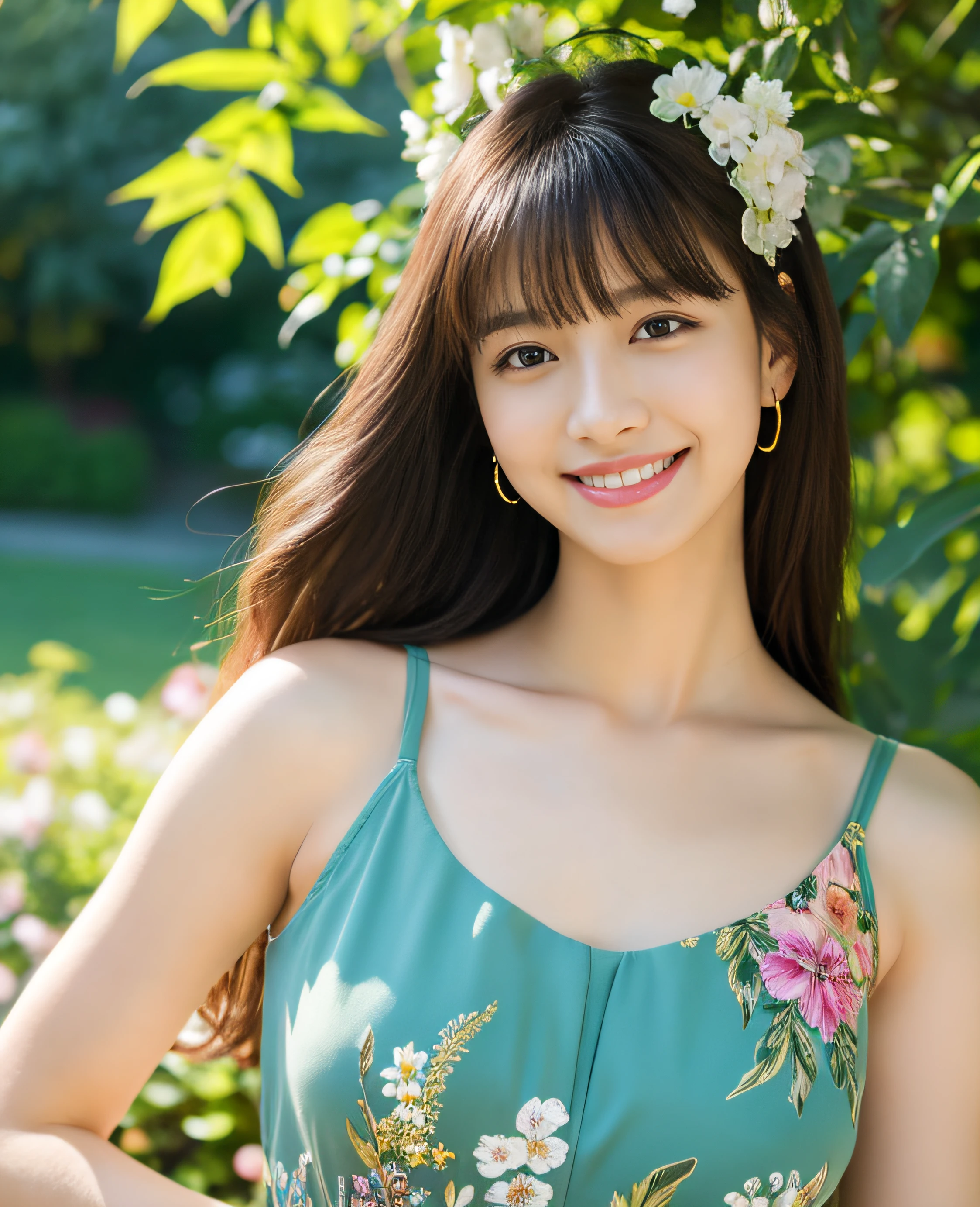 ((masterpiece)), 8K, masterpiece, Highest quality, 1 Girl, alone, Realistic, Autumn garden, Realistic, Very detailed, Detailed Background, (alone: 1.4), Wearing a colorful dress, Happy expression, Slender body, リアルでVery detailed長い髪, Intricate details, masterpiece, Highest quality, West Shot, ((Colorful flower garden background)), smile, ((looking at the camera)), Earrings, Black long hair, Asymmetrical bangs , Natural Breasts,