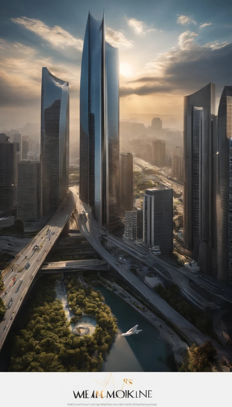 城市，城市，Office，​​clouds，early evening，aerial shot，the setting sun，Half the sky，surrounded by cloud，high qulity，tmasterpiece，Hyper-realistic，Ultra photo realsisim，8K，super-fine，ultra - detailed，Ultra-wide angle of view，dynamic viewing angle，NOhumans