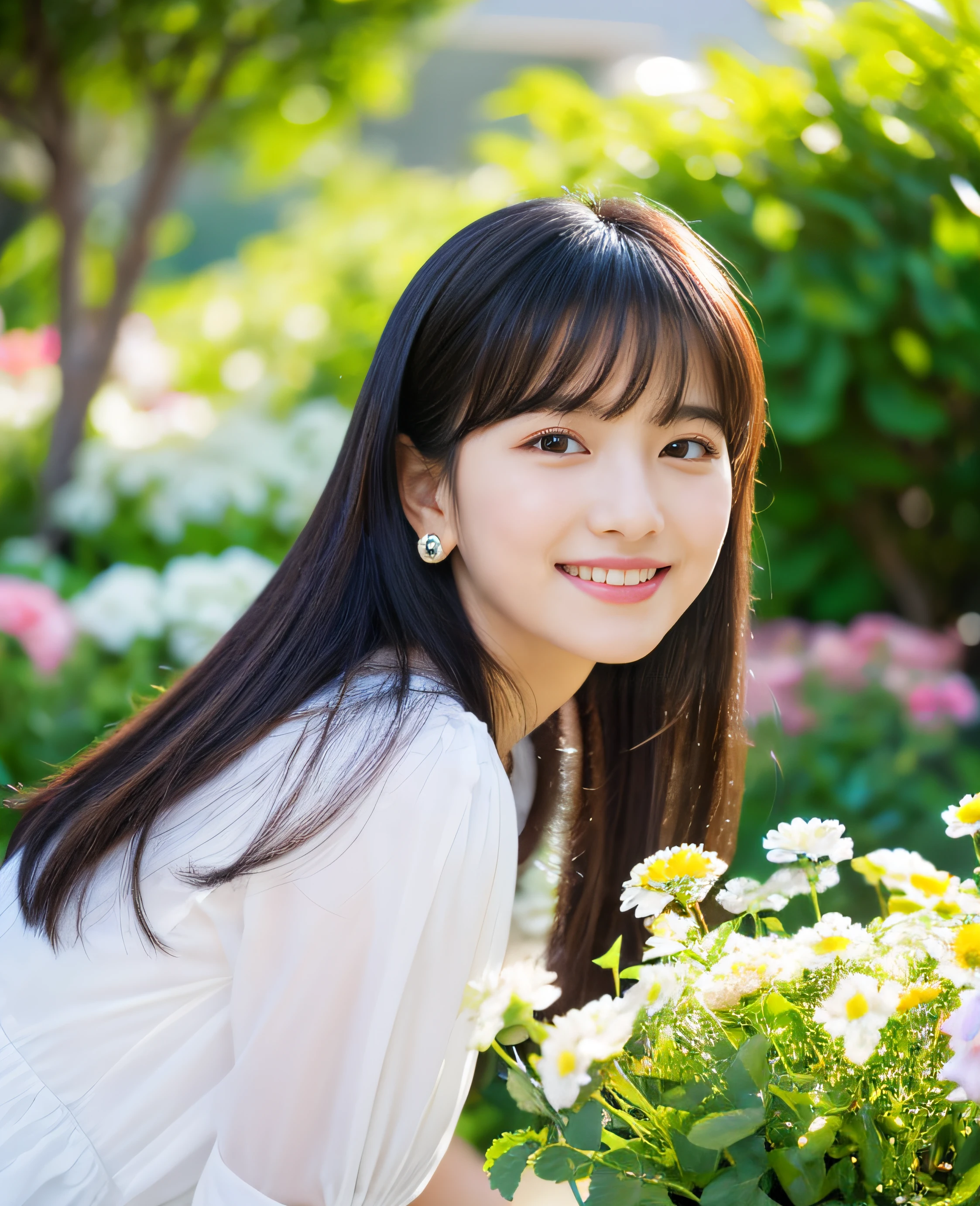 ((Masterpiece)), 8k, Masterpiece, Highest Quality, 1 Girl, Solo, Realistic, Garden, Photorealistic, Super Detailed, Detailed Background, (Solo: 1.4), Ultra High Resolution Full Body Figure, ((Front View) Facing)), happy facial expression, slender figure, realistic and highly detailed hair, intricate details, masterpiece, top quality, standing, outdoor, sitting, white chair, white table, (with colorful flowers) blooming garden), dynamic lights, quiet, gentle, smiling, profile, profile, looking at camera, earrings, long straight black hair, asymmetrical bangs, cute bangs, natural breasts, half hair, ultra-high resolution background, (eye details) , (Face details), (Clothing details), (Ultra high resolution),