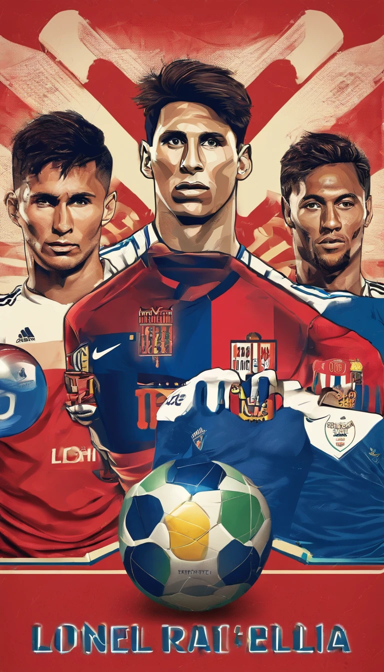 Lionel Messi, Cristiano Ronaldo, Neymar, con ropa deportiva retro de sus selecciones, En un estadio de futbol, Que diga Retro Sport, Copa del mundo de fondo. Do not use the same template used in the images above