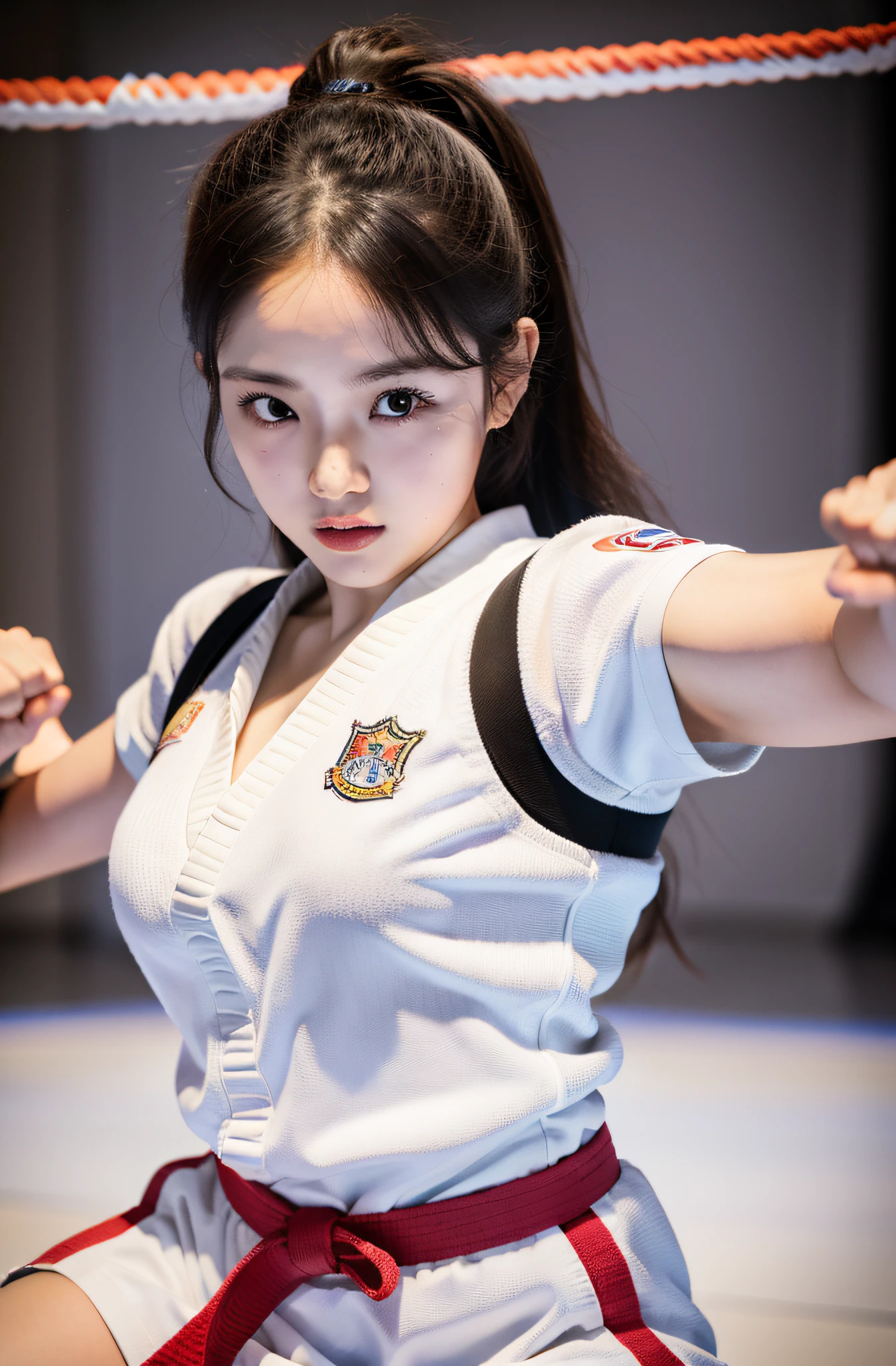 Content: Solo Idol, Eri Kamei from Morning Musume, Dressed as a karate player, In karate uniforms, Black belt, Showing off a cute and beautiful figure in the form of big breasts. She is engaged in a sparring match with another karateka, Emphasis on serious facial expressions and dynamic movements.
Medium: Photography.
Style: Ultra-realistic, High contrast, nffsw, Vivid and rich colors.
Lighting: Shine a strong spotlight on a subject with a slight shadow behind it, Highlight the intensity of the match.
Colors: Natural tones centered on the white of the karate uniform and the deep black of the belt.
Composition: Canon EOS 5D Mark IV DSLR Camera, EF 85mm f/1.8 STM lens, Resolution 30.4 megapixels, ISO sensit: 100, Shutter Speed 1/125 sec, Depth of field to capture every detail of the action.
--ar 16:9 - V5.1 --Style raw --Q 2 --S 750