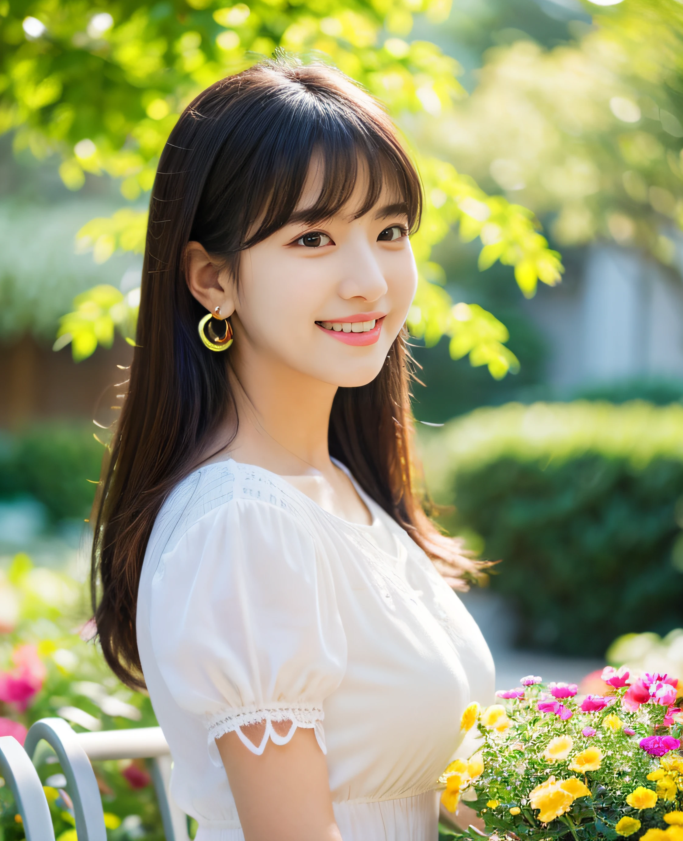 ((Masterpiece)), 8k, Masterpiece, Highest Quality, 1 Girl, Solo, Realistic, Garden, Photorealistic, Super Detailed, Detailed Background, (Solo: 1.4), Super High Resolution Full Body Figure, Front View , happy expression, slender figure, realistic and highly detailed hair, intricate details, masterpiece, top quality, standing, outdoor, sitting, white chair, white table, (garden with colorful flowers), Dynamic light, Quiet, Calm, Smile, Profile, Profile, Looking at camera, Earrings, Long straight black hair, Asymmetrical bangs, Cute baby bangs, Natural breasts, Half hair, Ultra high resolution background, (Eye details), (Face details) details), (clothing details), (ultra high resolution),