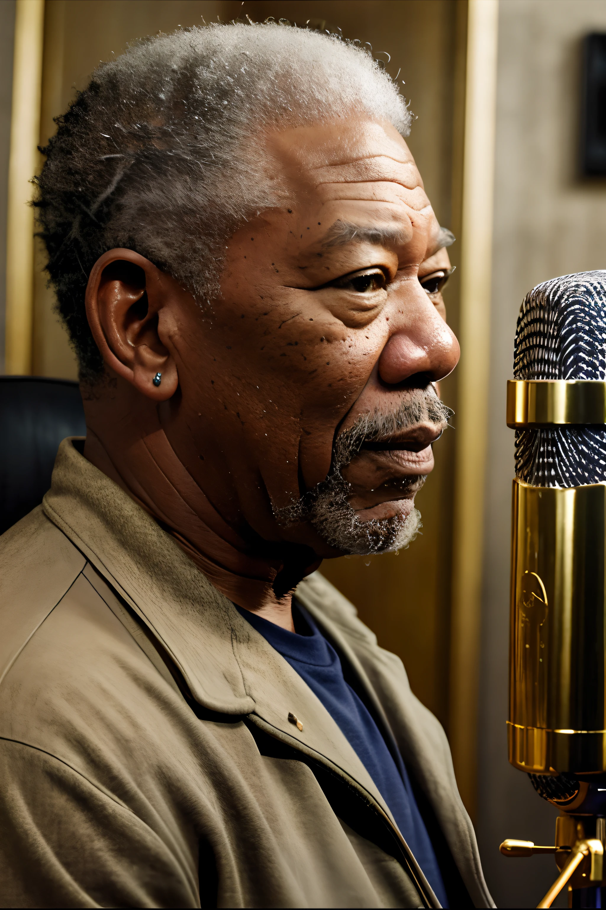 MORGAN FREEMAN TALKING INTO GOLDEN PODCAST MICROPHONE IN BARBER SHOP